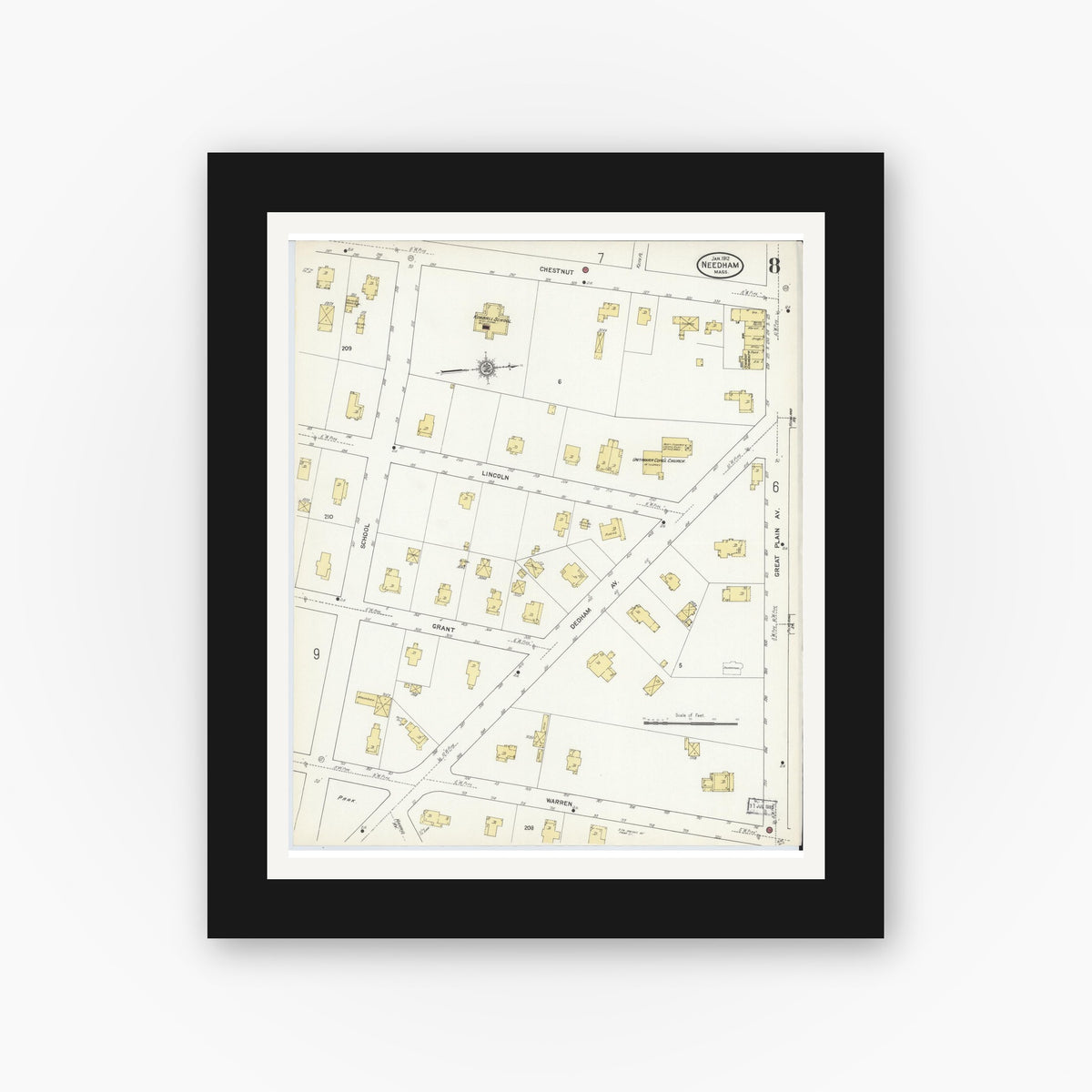 Old map wall art mockup — black gallery frame with white mat — Sanborn Fire Insurance Map from Needham, Norfolk County, Massachusetts (1912), Sheet #0008