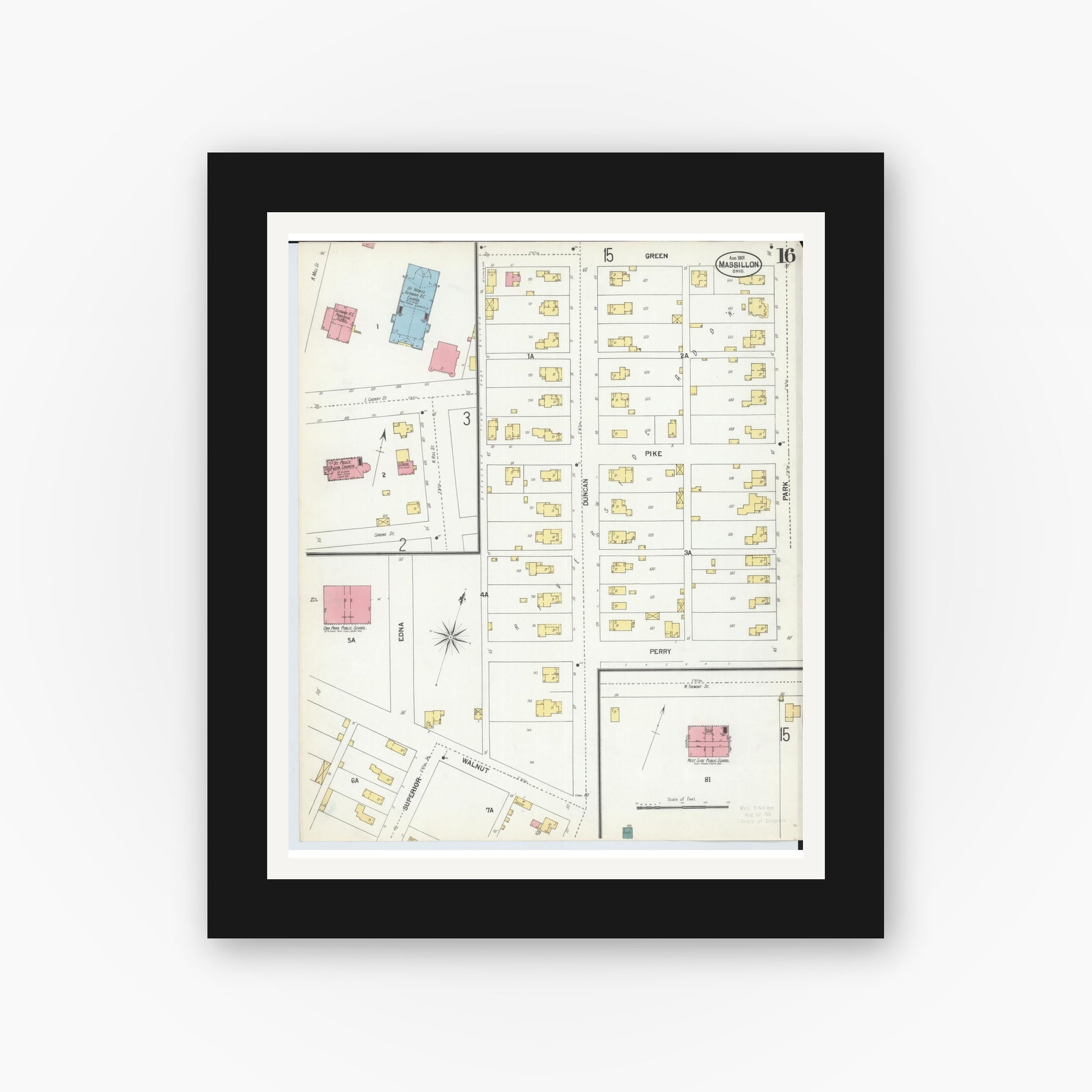 Old map wall art mockup — black gallery frame with white mat — Sanborn Fire Insurance Map from Massillon, Stark County, Ohio (1901), Sheet #0016
