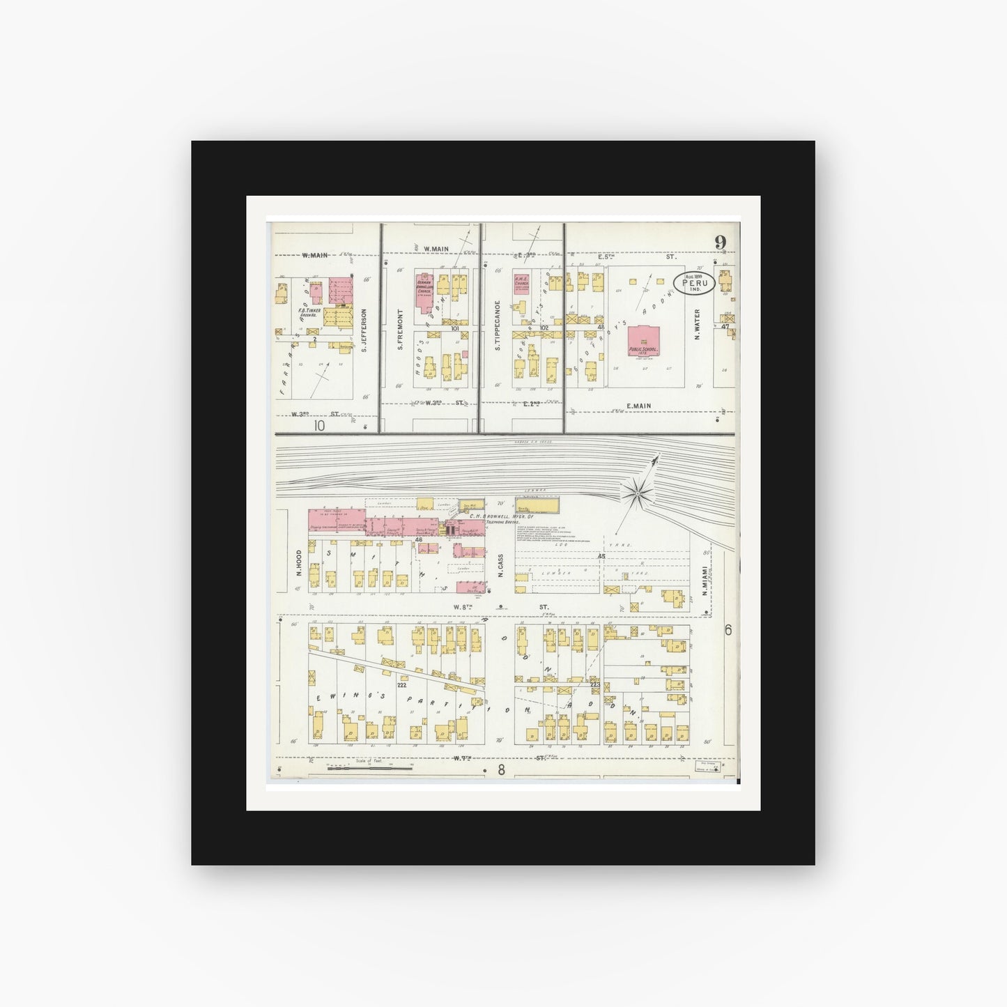 Old map wall art mockup — black gallery frame with white mat — Sanborn Fire Insurance Map from Peru, Miami County, Indiana (1899), Sheet #0009