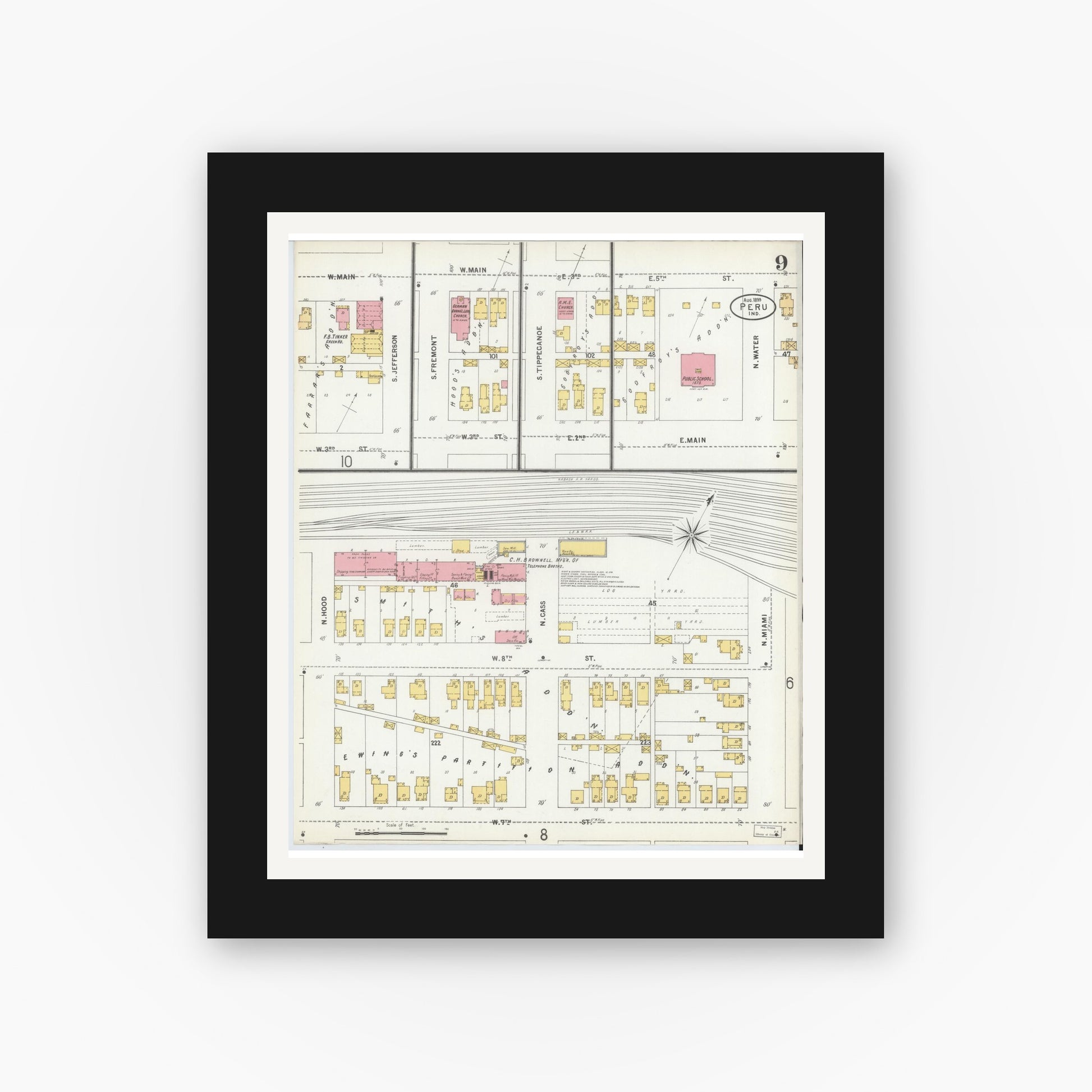 Old map wall art mockup — black gallery frame with white mat — Sanborn Fire Insurance Map from Peru, Miami County, Indiana (1899), Sheet #0009