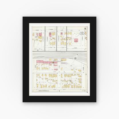 Old map wall art mockup — black gallery frame with white mat — Sanborn Fire Insurance Map from Peru, Miami County, Indiana (1899), Sheet #0009