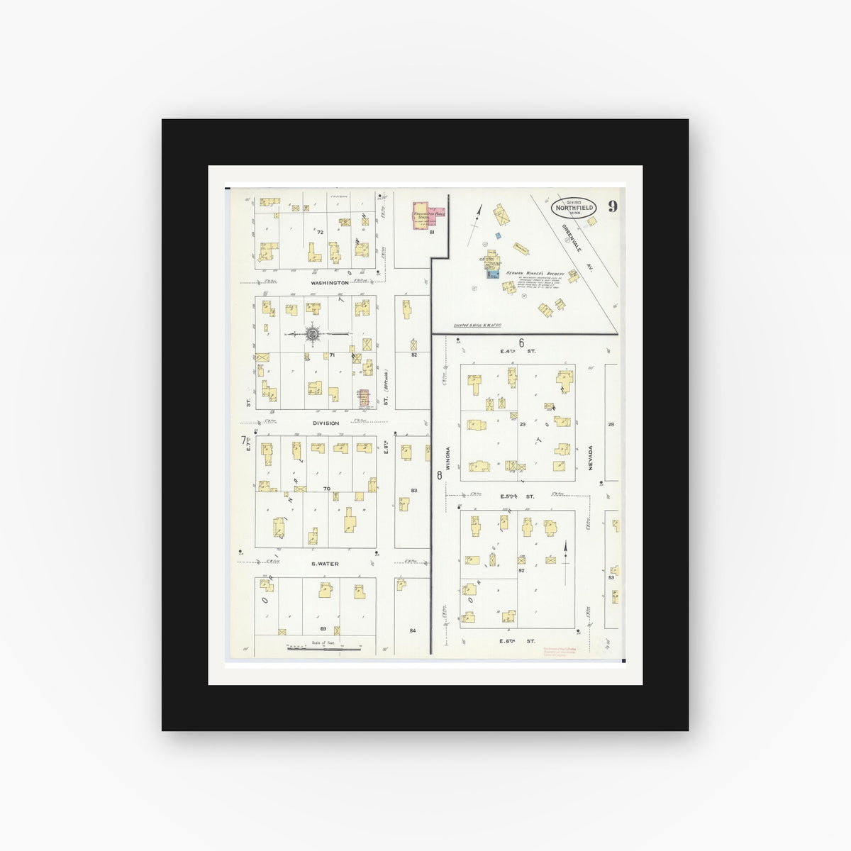 Old map wall art mockup — black gallery frame with white mat — Sanborn Fire Insurance Map from Northfield, Rice County, Minnesota (1910), Sheet #0009