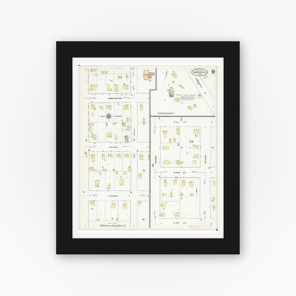 Old map wall art mockup — black gallery frame with white mat — Sanborn Fire Insurance Map from Northfield, Rice County, Minnesota (1910), Sheet #0009
