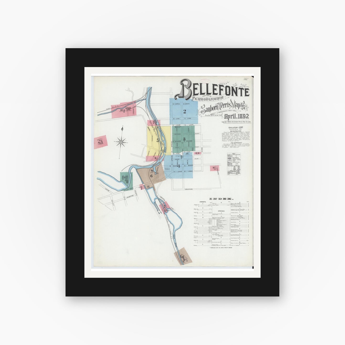 Old map wall art mockup — black gallery frame with white mat — Sanborn Fire Insurance Map from Bellefonte, Centre County, Pennsylvania (1892) - Complete Map Set