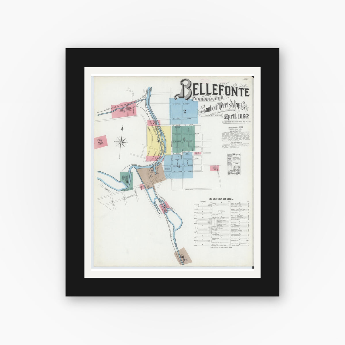 Old map wall art mockup — black gallery frame with white mat — Sanborn Fire Insurance Map from Bellefonte, Centre County, Pennsylvania (1892) - Complete Map Set
