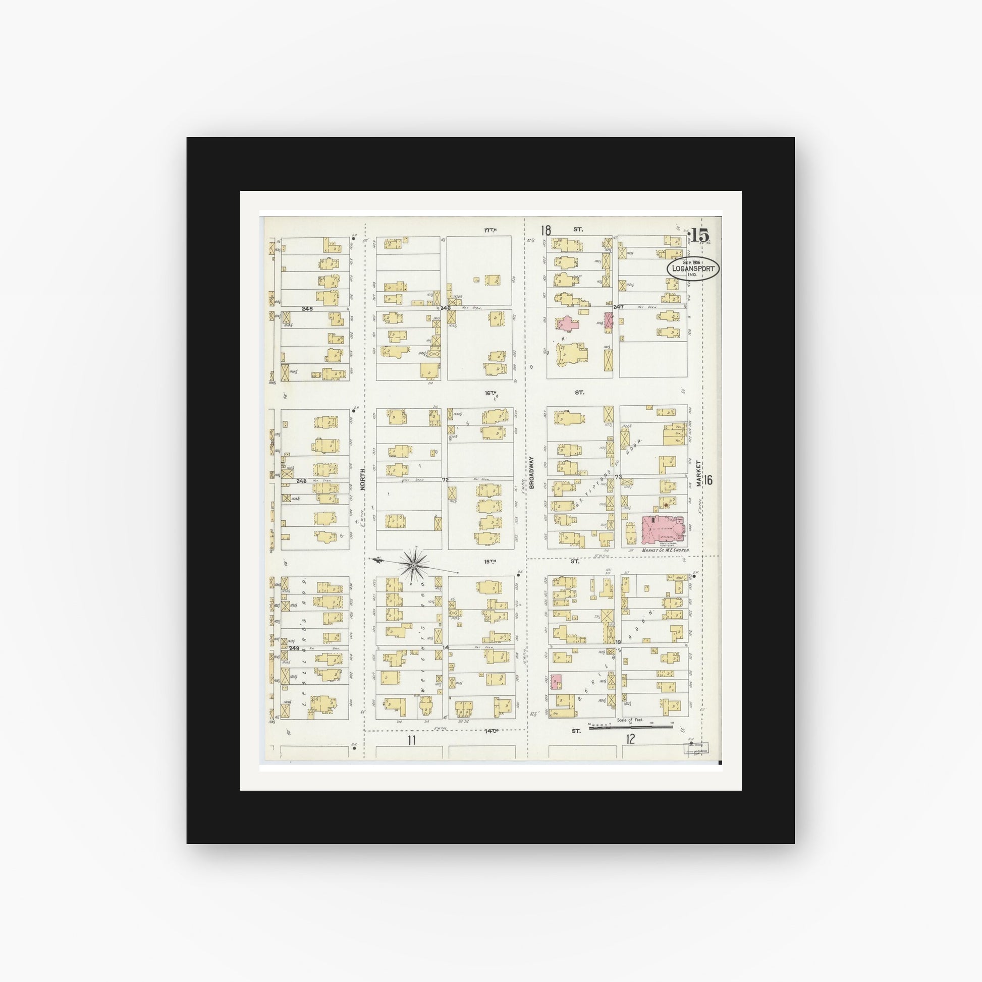 Old map wall art mockup — black gallery frame with white mat — Sanborn Fire Insurance Map from Logansport, Cass County, Indiana (1906), Sheet #0015