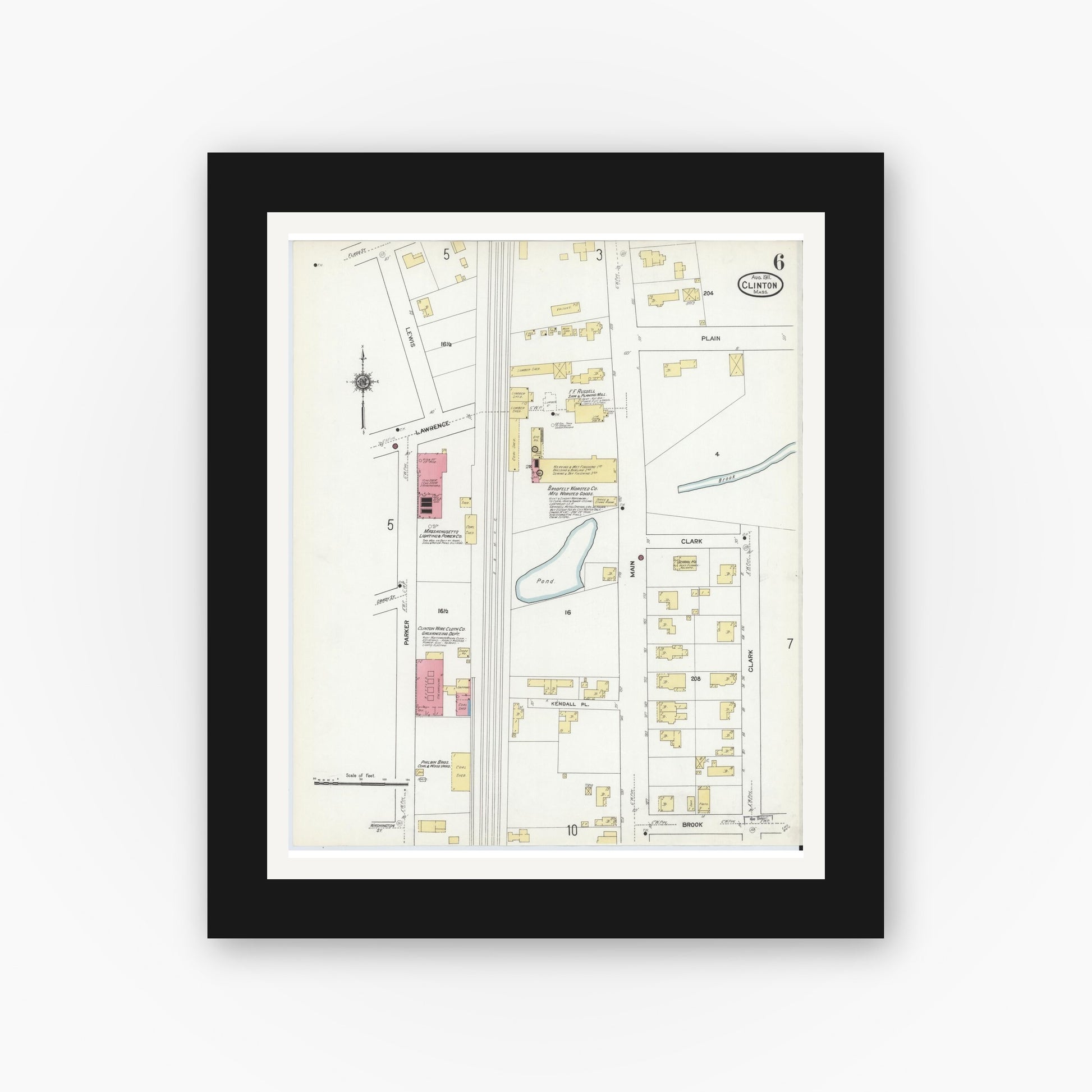 Old map wall art mockup — black gallery frame with white mat — Sanborn Fire Insurance Map from Clinton, Worcester County, Massachusetts (1911), Sheet #0006