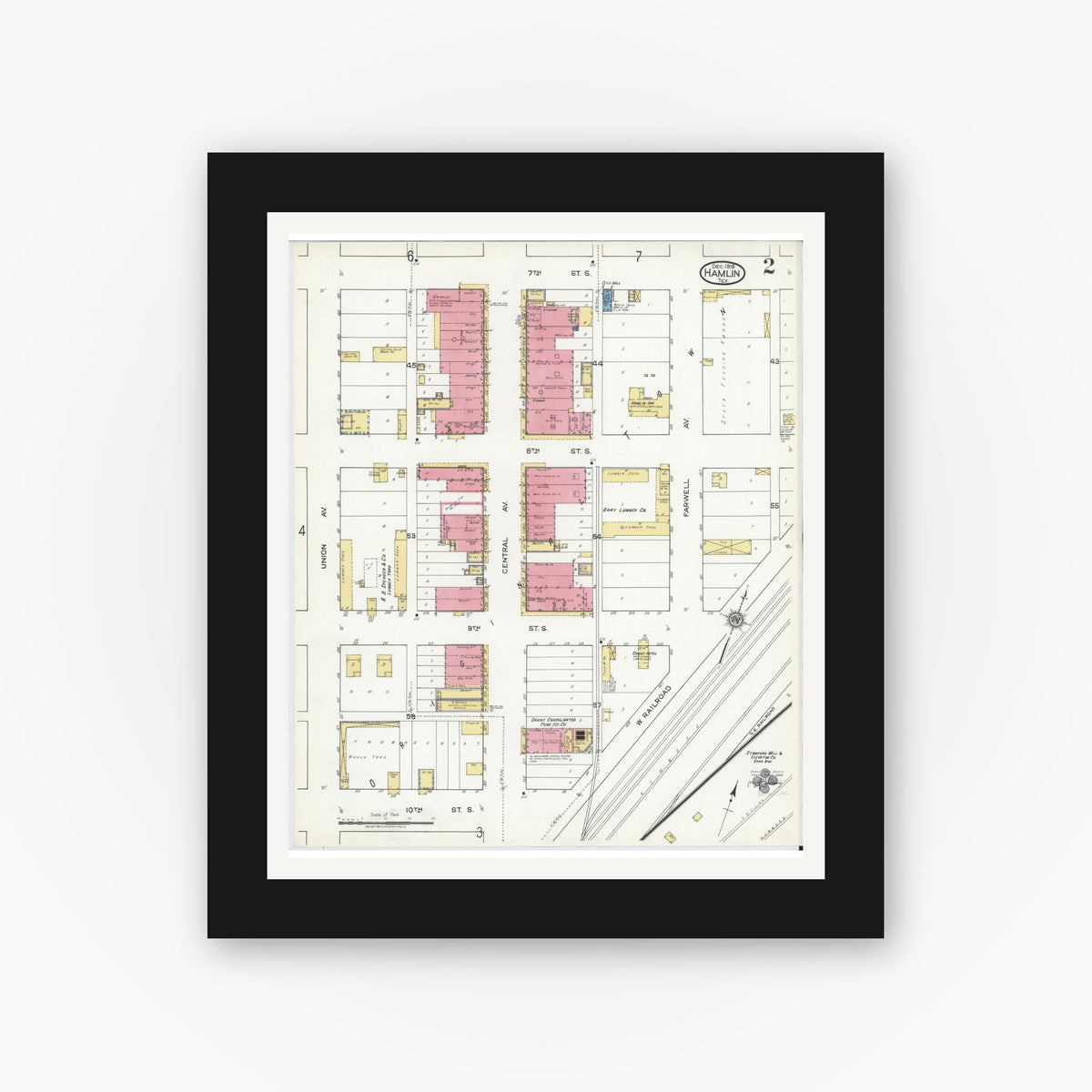 Old map wall art mockup — black gallery frame with white mat — Sanborn Fire Insurance Map from Hamlin, Jones County, Texas (1919), Sheet #0002