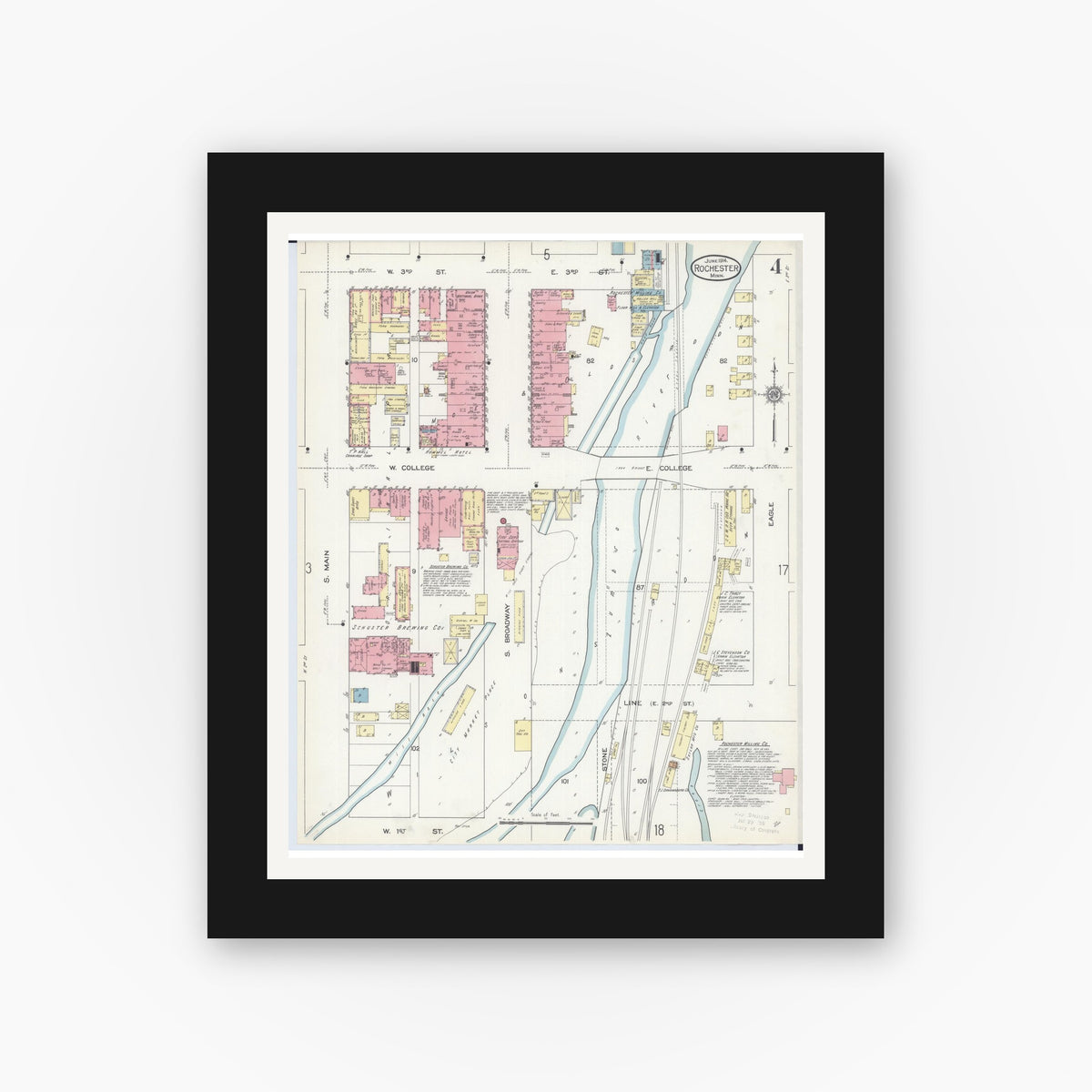 Old map wall art mockup — black gallery frame with white mat — Sanborn Fire Insurance Map from Rochester, Olmsted County, Minnesota (1914), Sheet #0004
