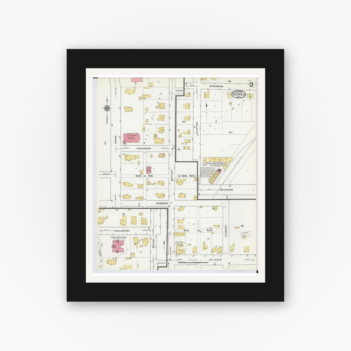Old map wall art mockup — black gallery frame with white mat — Sanborn Fire Insurance Map from Romeo, Macomb County, Michigan (1921), Sheet #0003