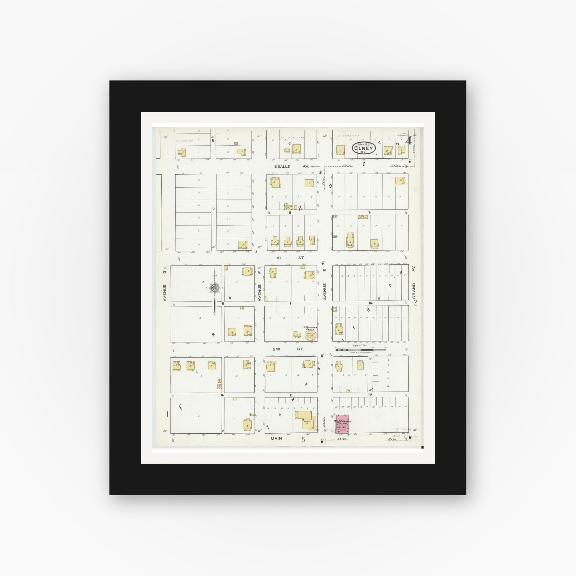 Old map wall art mockup — black gallery frame with white mat — Sanborn Fire Insurance Map from Olney, Young County, Texas (1921), Sheet #0004