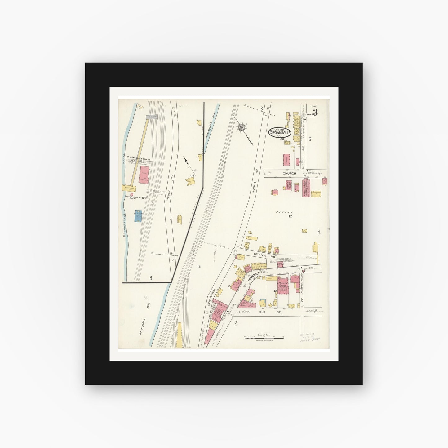 Old map wall art mockup — black gallery frame with white mat — Sanborn Fire Insurance Map from Brownsville, Fayette County, Pennsylvania (1921), Sheet #0003