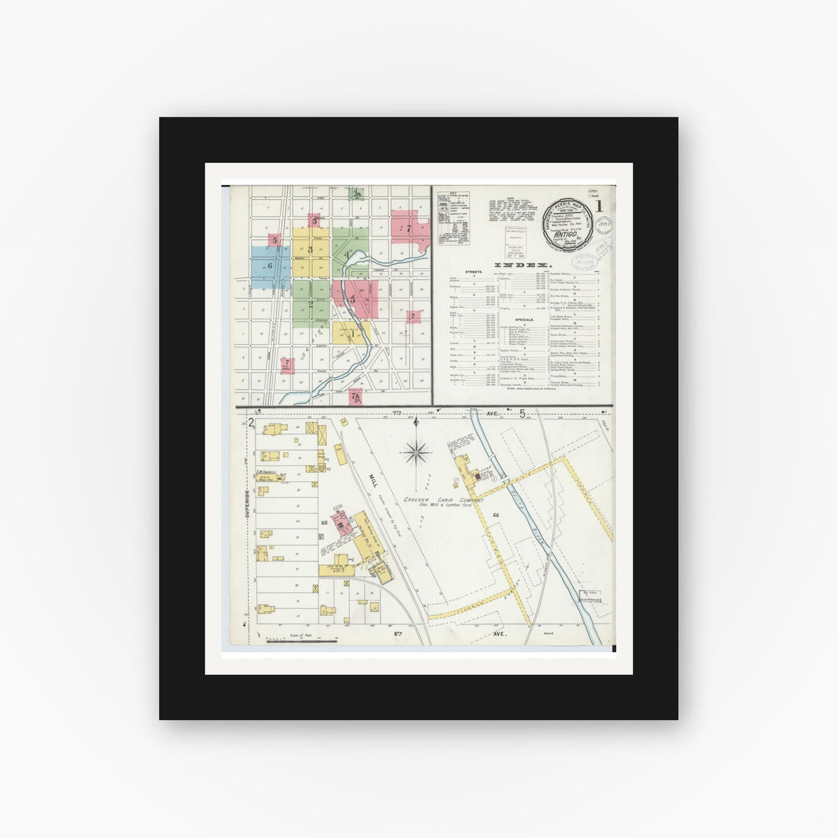 Old map wall art mockup — black gallery frame with white mat — Sanborn Fire Insurance Map from Antigo, Langlade County, Wisconsin (1898) - Complete Map Set