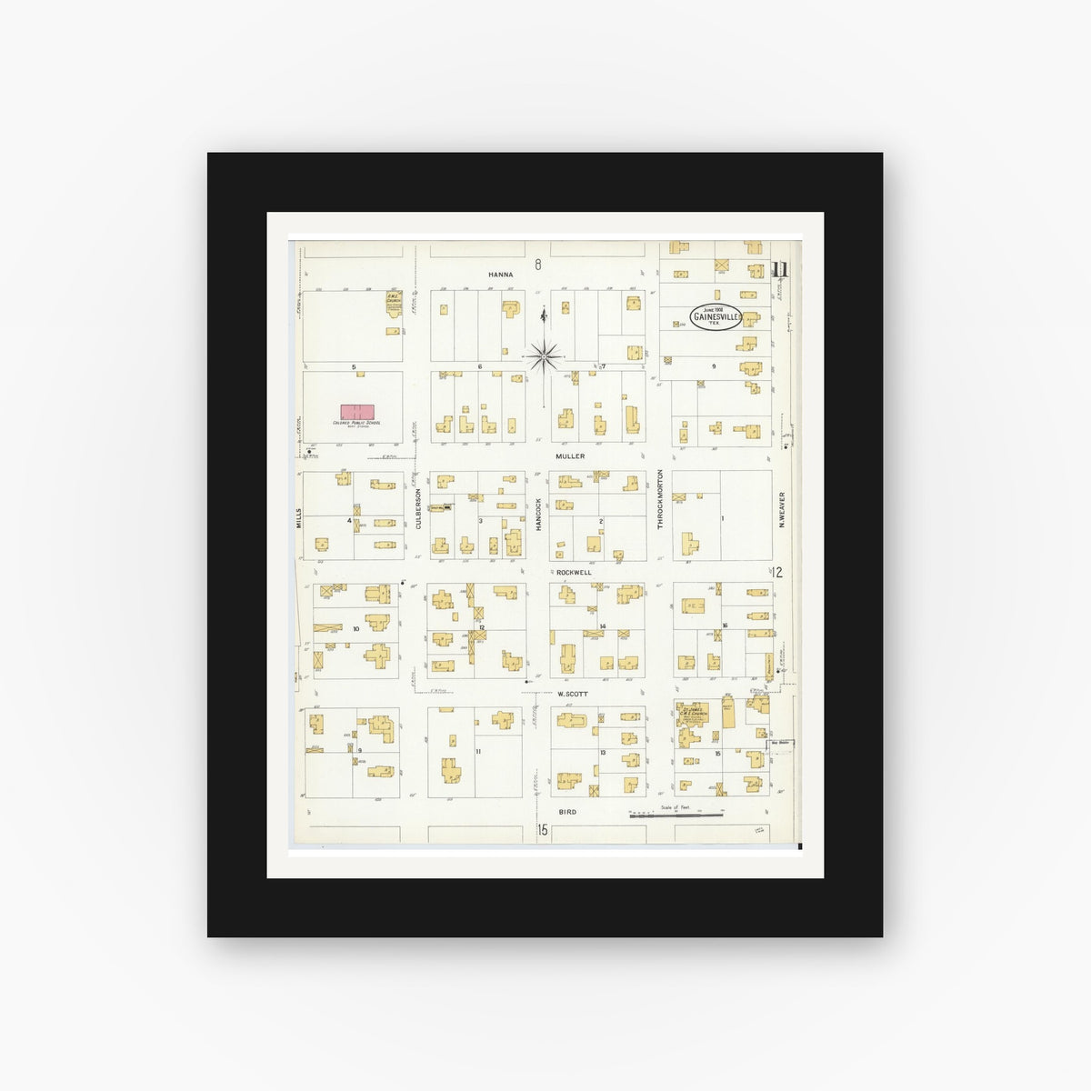 Old map wall art mockup — black gallery frame with white mat — Sanborn Fire Insurance Map from Gainesville, Cooke County, Texas (1908), Sheet #0011