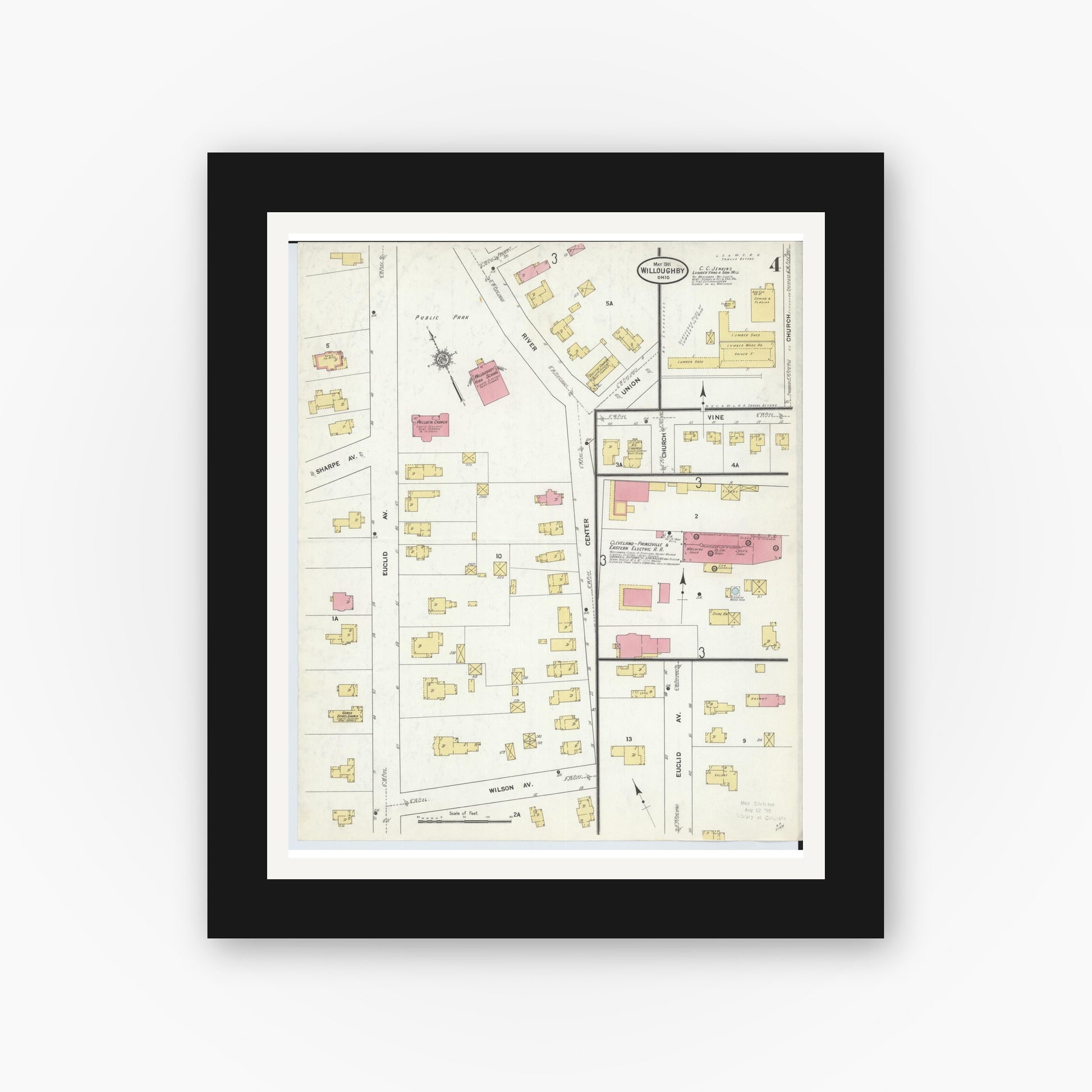 Old map wall art mockup — black gallery frame with white mat — Sanborn Fire Insurance Map from Willoughby, Lake County, Ohio (1911), Sheet #0004
