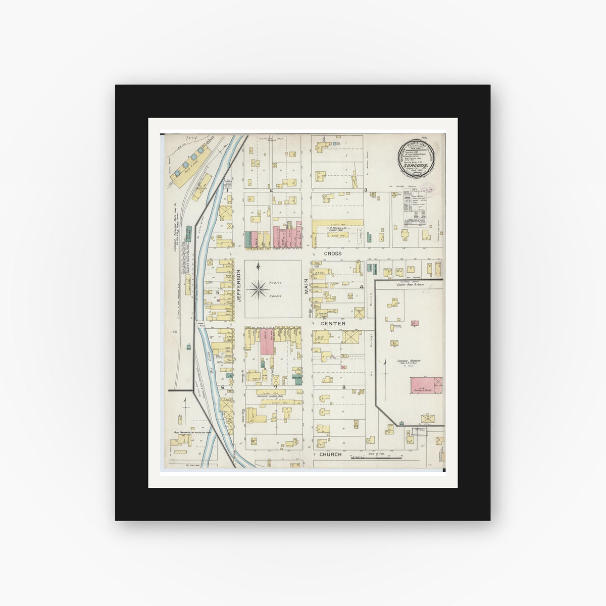 Old map wall art mockup — black gallery frame with white mat — Sanborn Fire Insurance Map from Sarcoxie, Jasper County, Missouri (1894), Sheet #0001