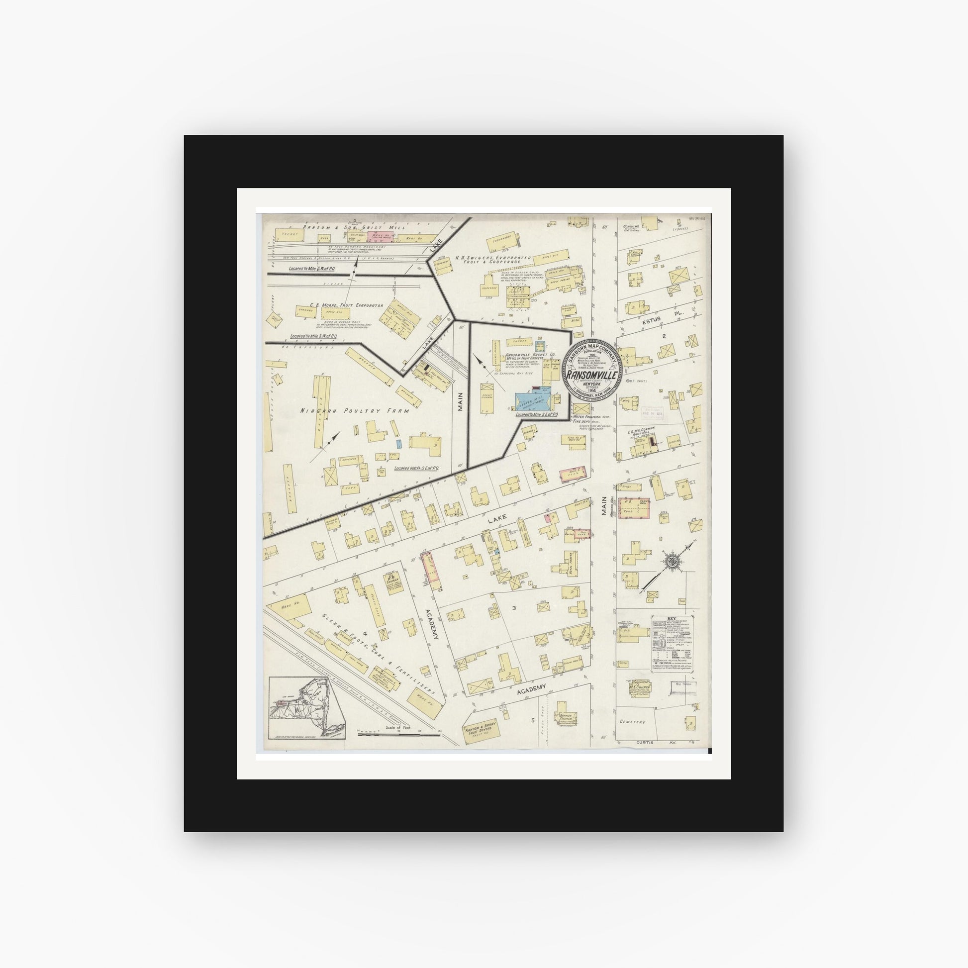 Old map wall art mockup — black gallery frame with white mat — Sanborn Fire Insurance Map from Ransomville, Niagara County, New York (1914), Sheet #0001