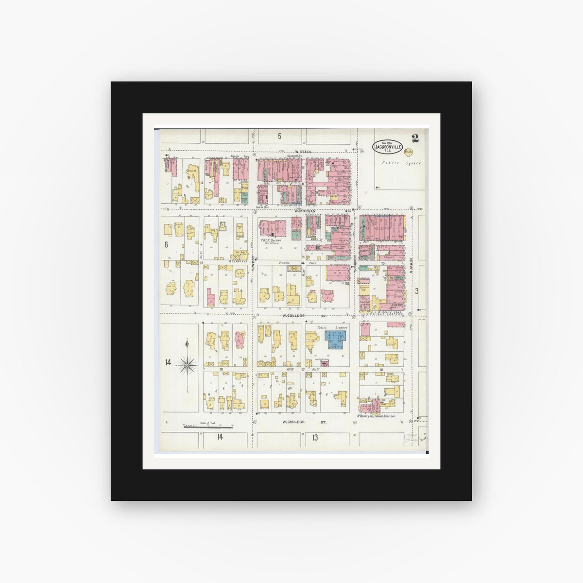 Old map wall art mockup — black gallery frame with white mat — Sanborn Fire Insurance Map from Jacksonville, Morgan County, Illinois (1905), Sheet #0002