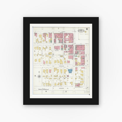 Old map wall art mockup — black gallery frame with white mat — Sanborn Fire Insurance Map from Jacksonville, Morgan County, Illinois (1905), Sheet #0002