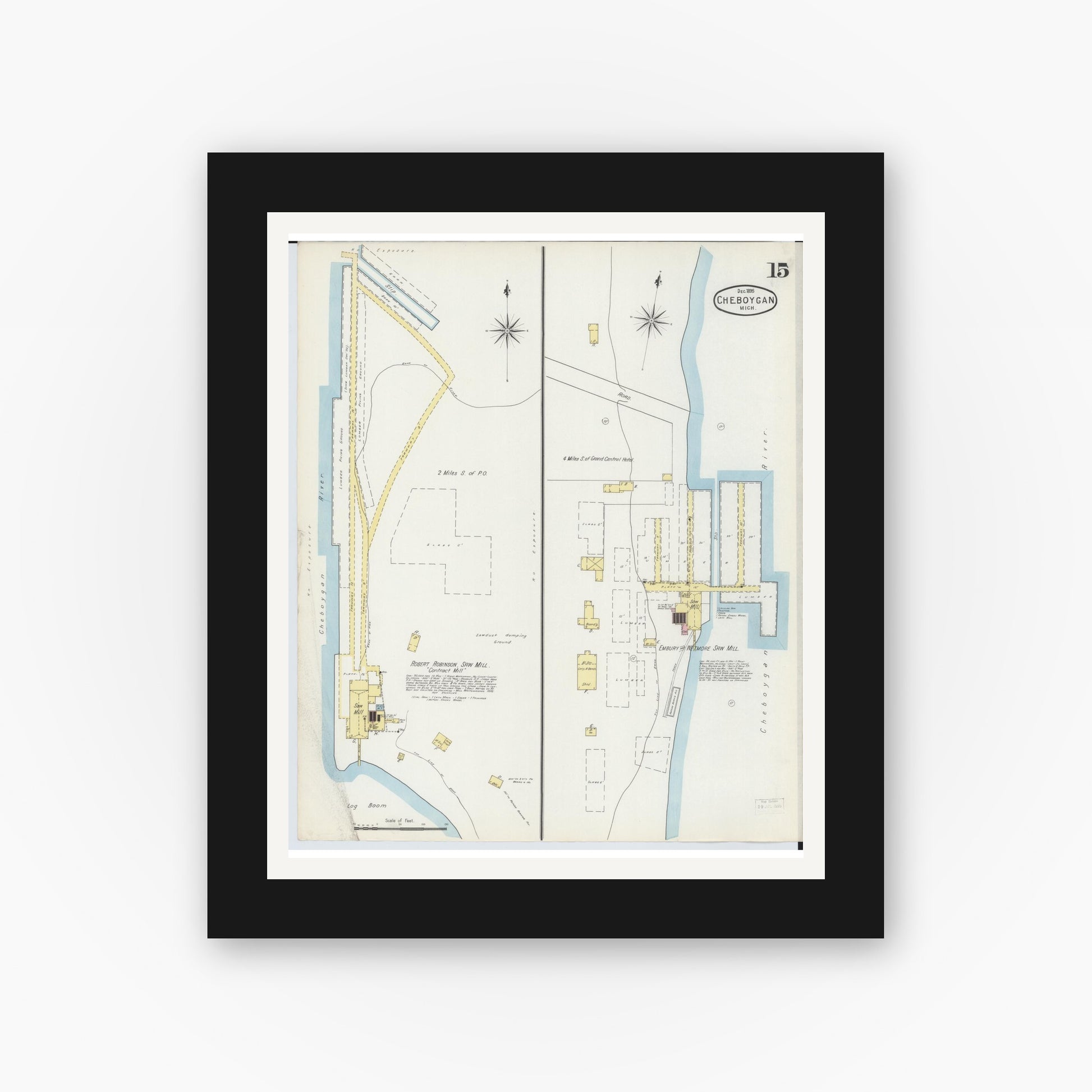 Old map wall art mockup — black gallery frame with white mat — Sanborn Fire Insurance Map from Cheboygan, Cheboygan County, Michigan (1895), Sheet #0015