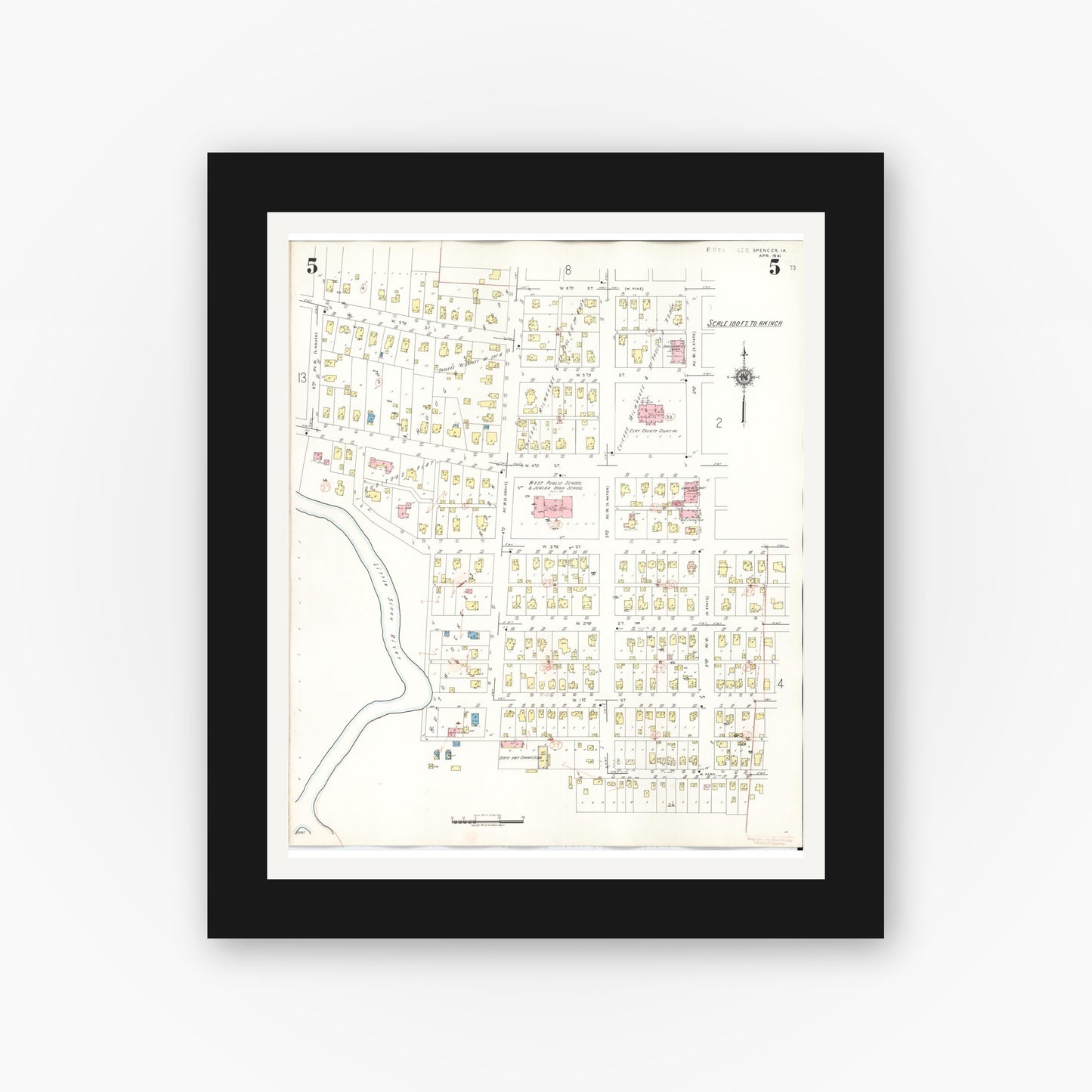 Old map wall art mockup — black gallery frame with white mat — Sanborn Fire Insurance Map from Spencer, Clay County, Iowa (1946), Sheet #0005
