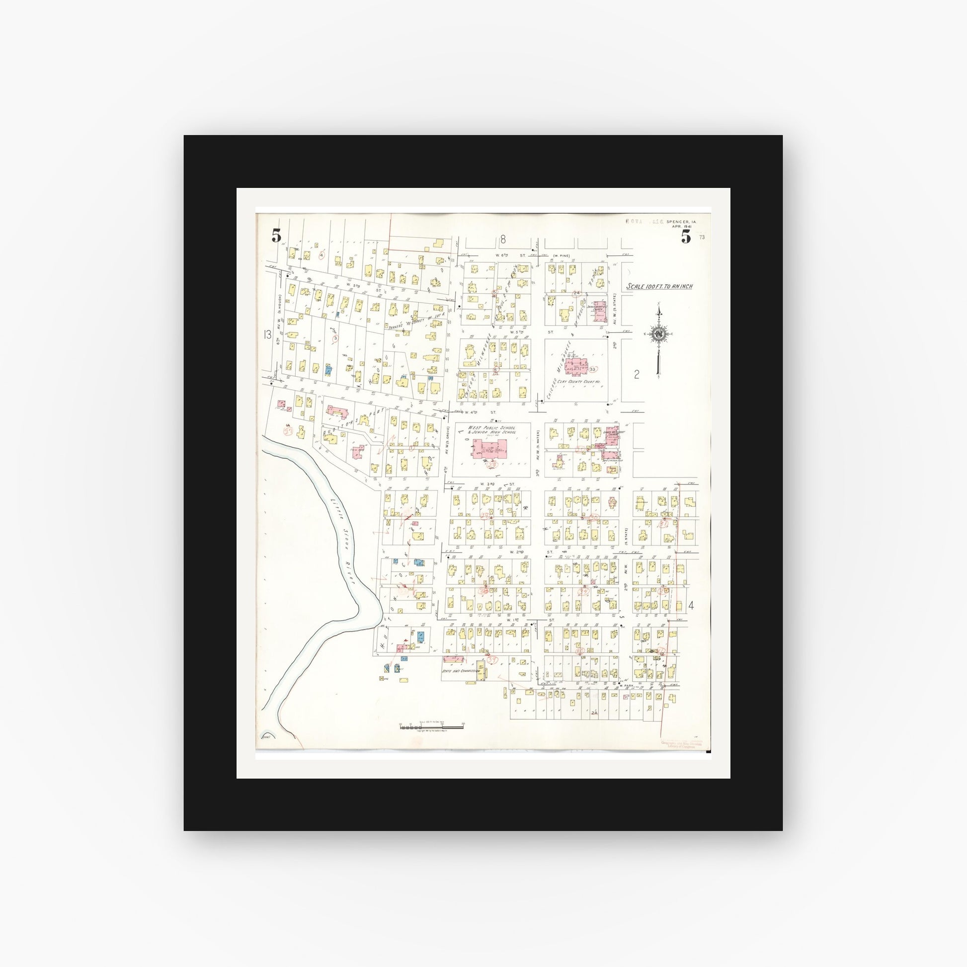 Old map wall art mockup — black gallery frame with white mat — Sanborn Fire Insurance Map from Spencer, Clay County, Iowa (1946), Sheet #0005