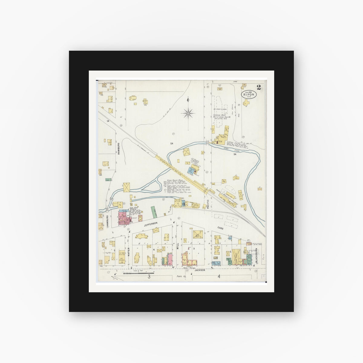 Old map wall art mockup — black gallery frame with white mat — Sanborn Fire Insurance Map from Ripon, Fond du Lac County, Wisconsin (1898), Sheet #0002