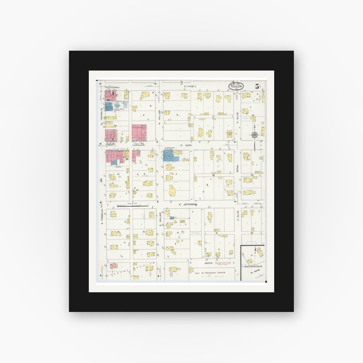 Old map wall art mockup — black gallery frame with white mat — Sanborn Fire Insurance Map from Toulon, Stark County, Illinois (1913), Sheet #0005