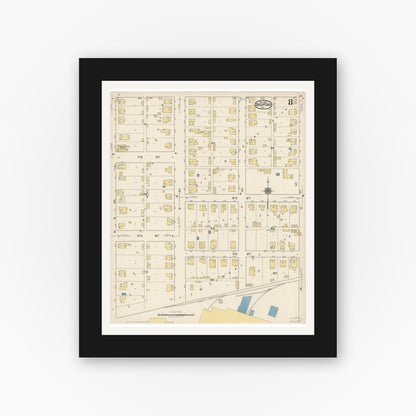 Old map wall art mockup — black gallery frame with white mat — Sanborn Fire Insurance Map from Bedford, Lawrence County, Indiana (1922), Sheet #0008