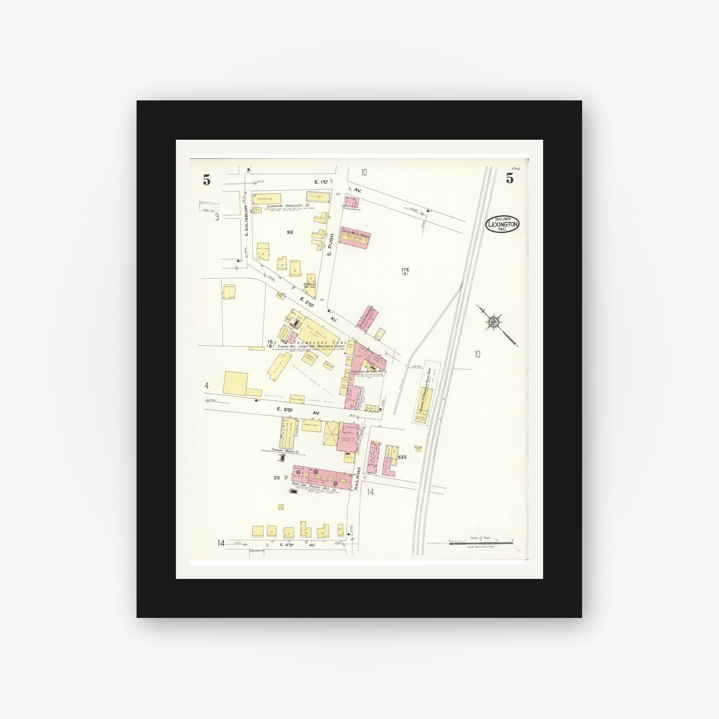 Old map wall art mockup — black gallery frame with white mat — Sanborn Fire Insurance Map from Lexington, Davidson County, North Carolina (1923), Sheet #0005
