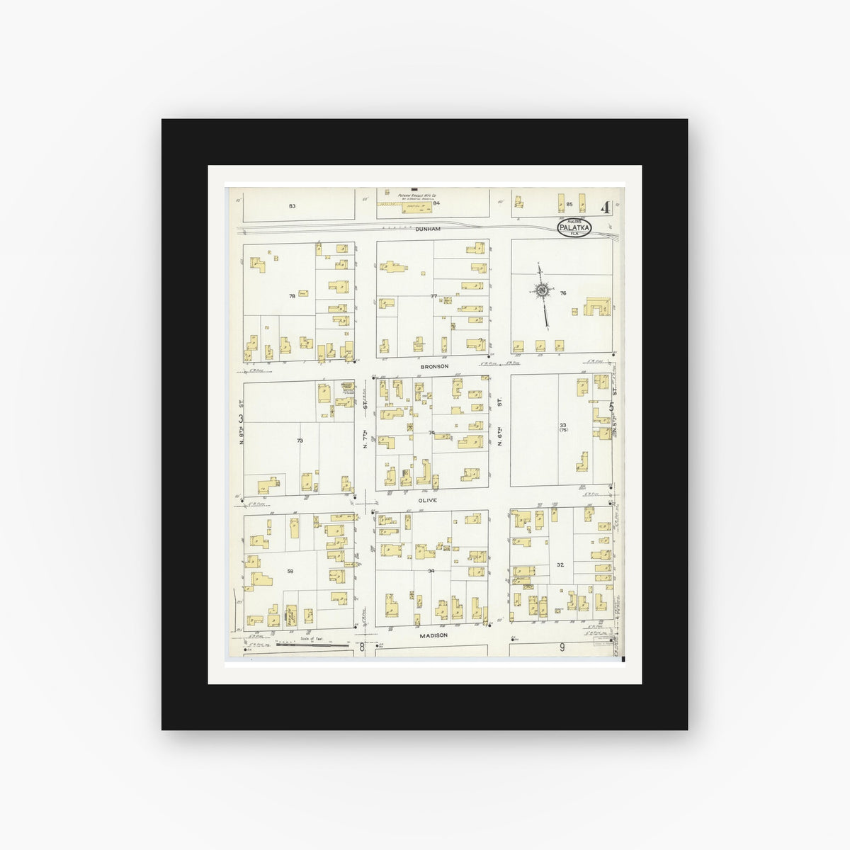 Old map wall art mockup — black gallery frame with white mat — Sanborn Fire Insurance Map from Palatka, Putnam County, Florida (1915), Sheet #0004