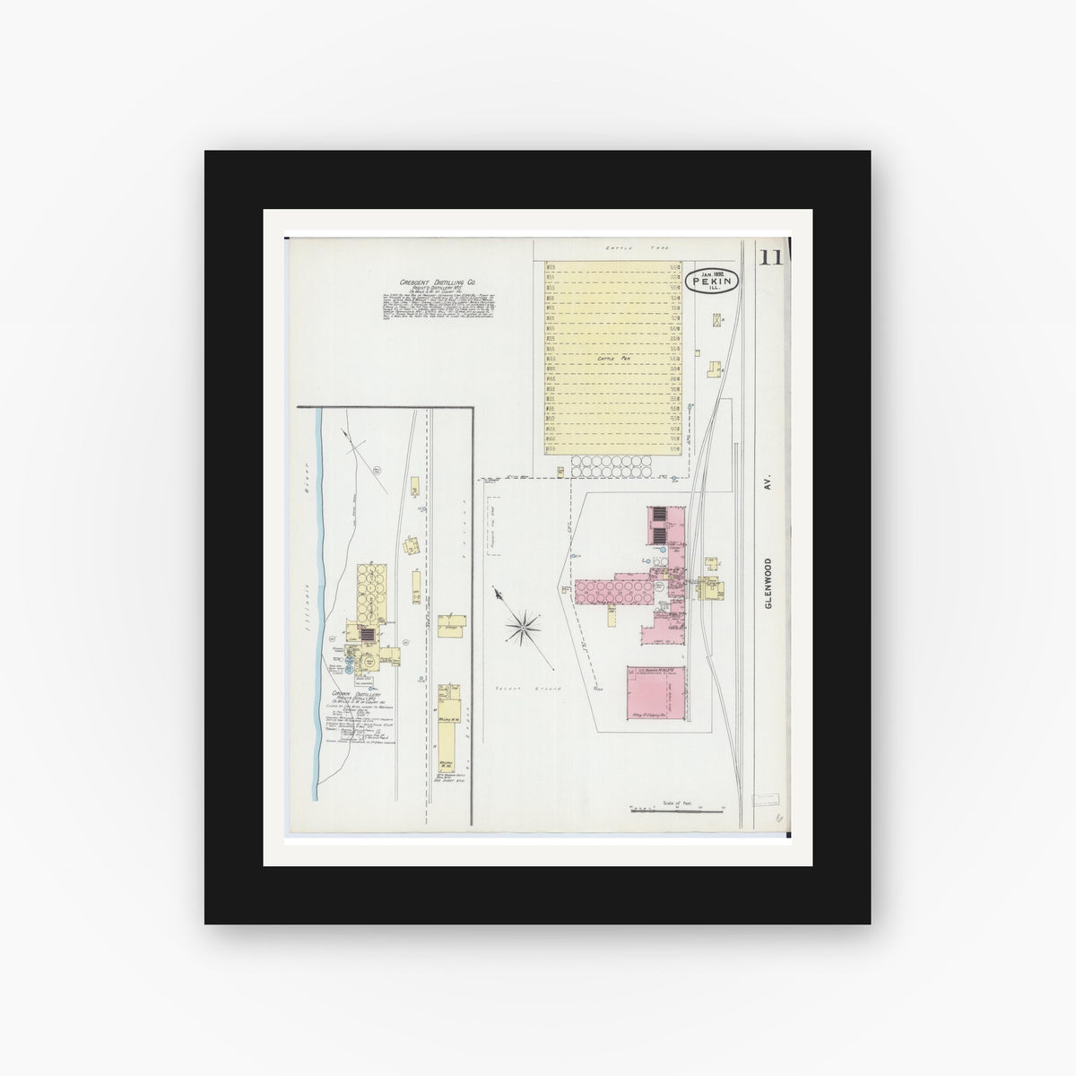 Old map wall art mockup — black gallery frame with white mat — Sanborn Fire Insurance Map from Pekin, Tazewell County, Illinois (1892), Sheet #0011