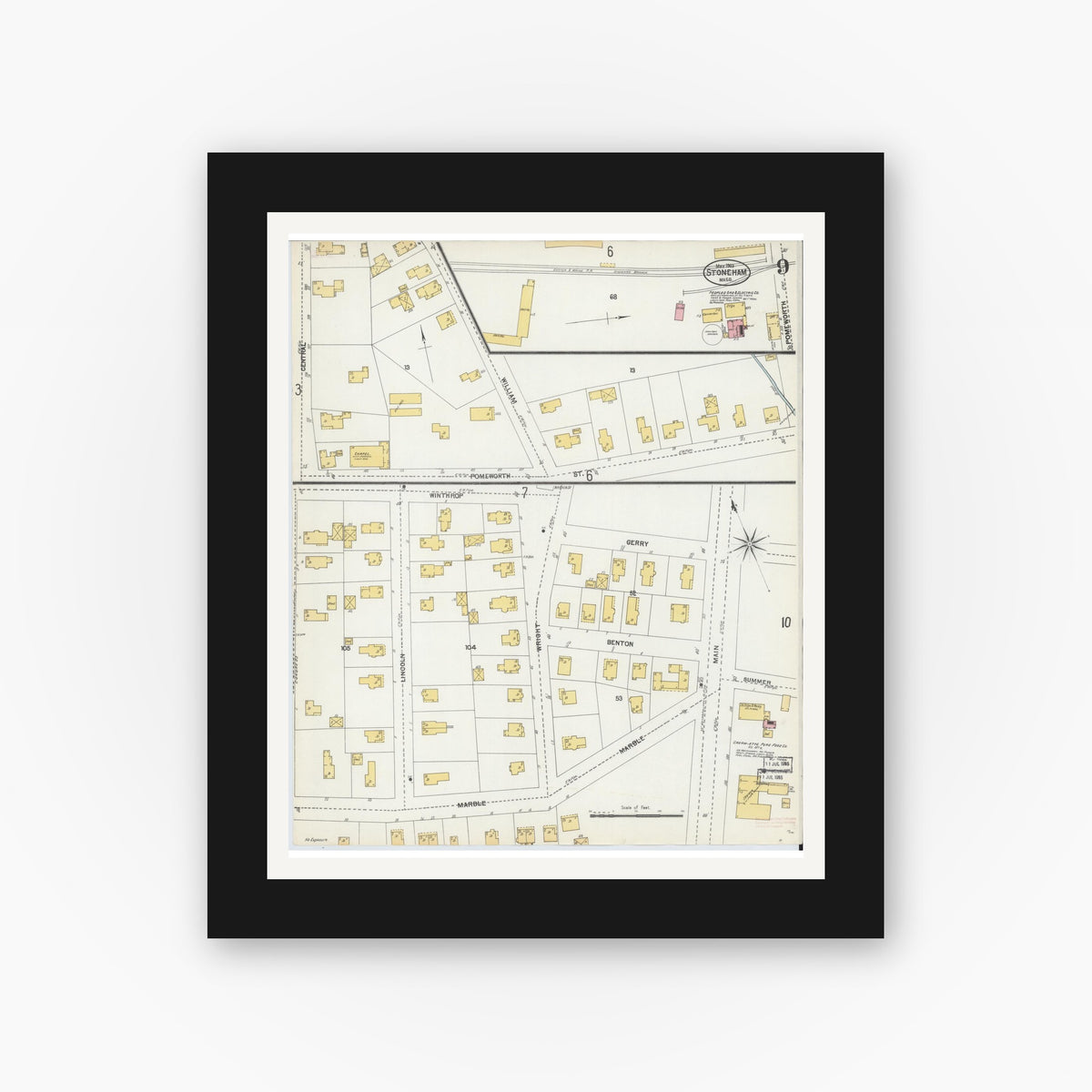 Old map wall art mockup — black gallery frame with white mat — Sanborn Fire Insurance Map from Stoneham, Middlesex County, Massachusetts (1903), Sheet #0009