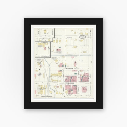 Old map wall art mockup — black gallery frame with white mat — Sanborn Fire Insurance Map from Monticello, Piatt County, Illinois (1909), Sheet #0002