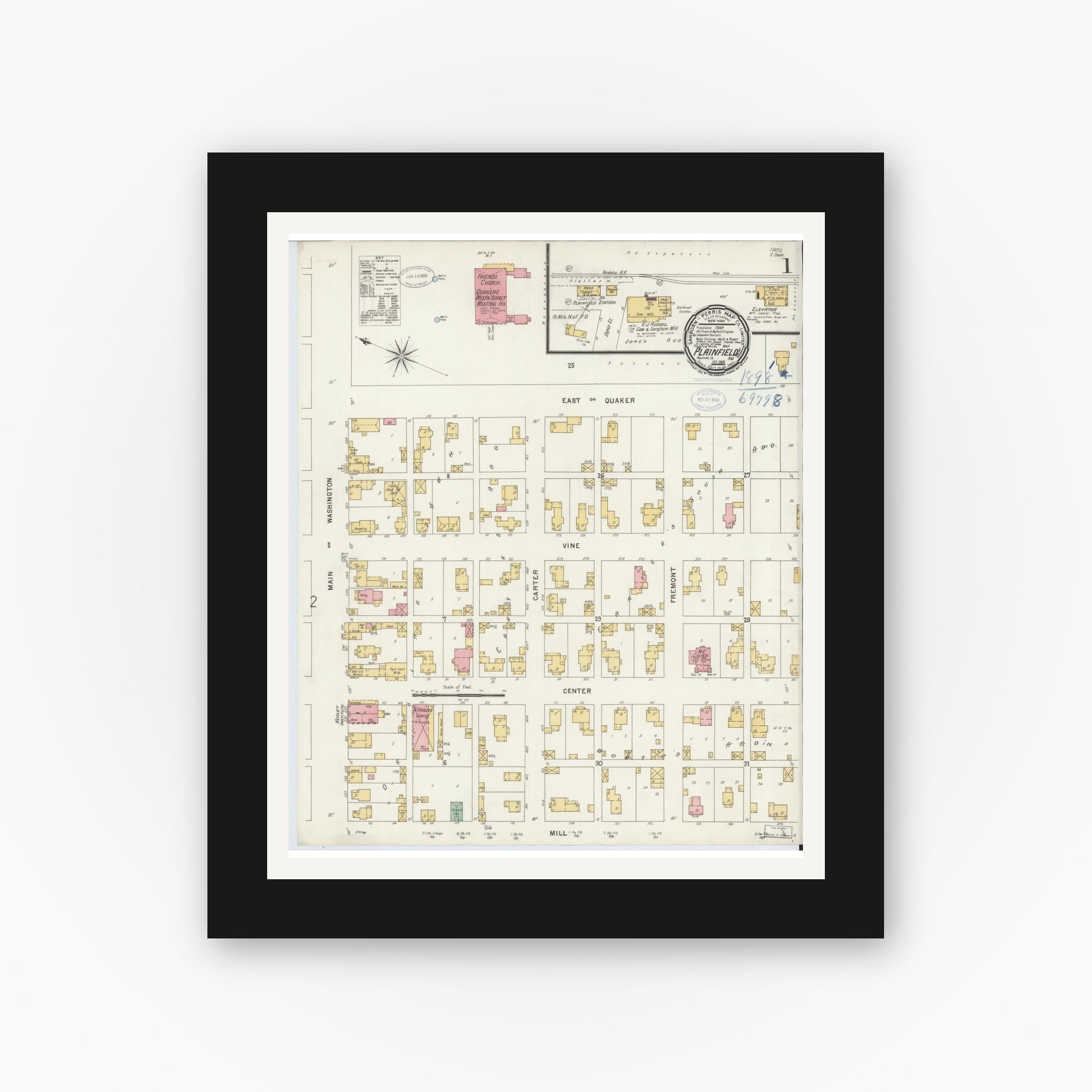 Old map wall art mockup — black gallery frame with white mat — Sanborn Fire Insurance Map from Plainfield, Hendricks County, Indiana (1898) - Complete Map Set