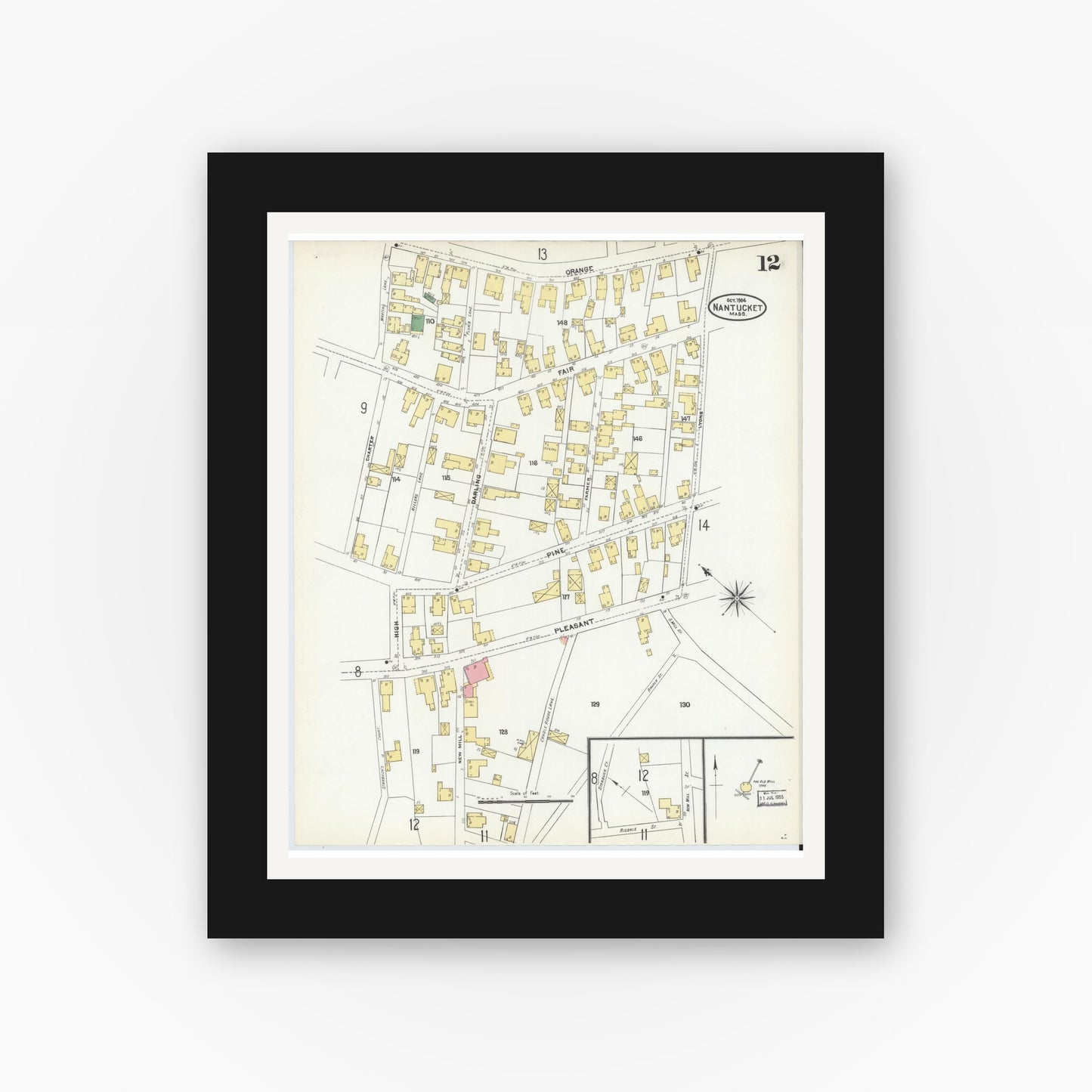 Old map wall art mockup — black gallery frame with white mat — Sanborn Fire Insurance Map from Nantucket, Nantucket County, Massachusetts (1904), Sheet #0012