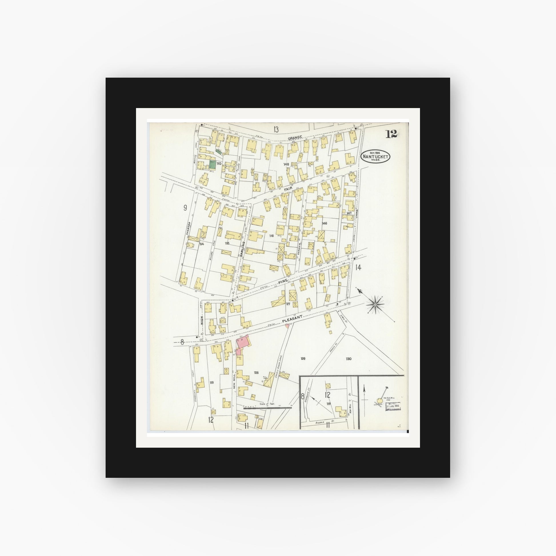 Old map wall art mockup — black gallery frame with white mat — Sanborn Fire Insurance Map from Nantucket, Nantucket County, Massachusetts (1904), Sheet #0012