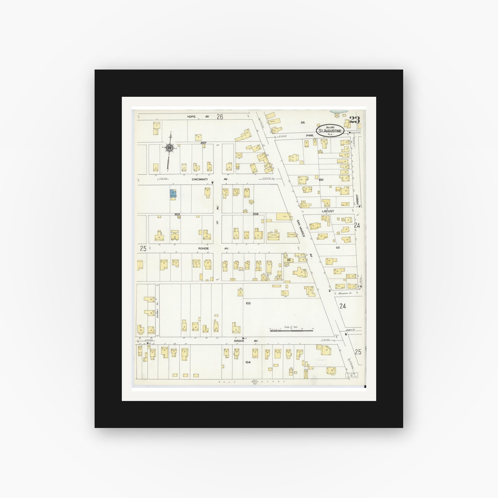Old map wall art mockup — black gallery frame with white mat — Sanborn Fire Insurance Map from Saint Augustine, Saint John's County, Florida (1910), Sheet #0023