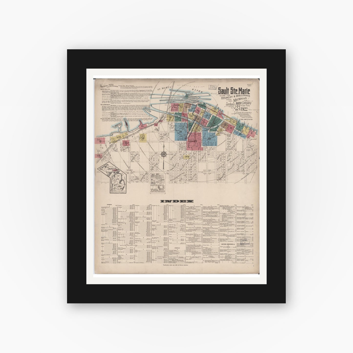 Old map wall art mockup — black gallery frame with white mat — Sanborn Fire Insurance Map from Sault Sainte Marie, Chippewa County, Michigan (1922) - Complete Map Set