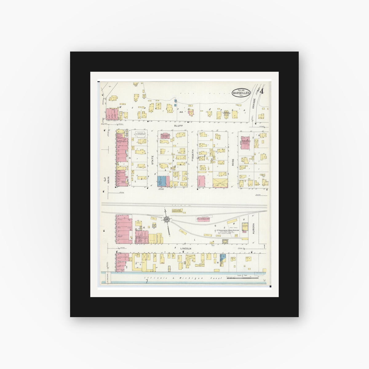 Old map wall art mockup — black gallery frame with white mat — Sanborn Fire Insurance Map from Marseilles, La Salle County, Illinois (1913), Sheet #0004