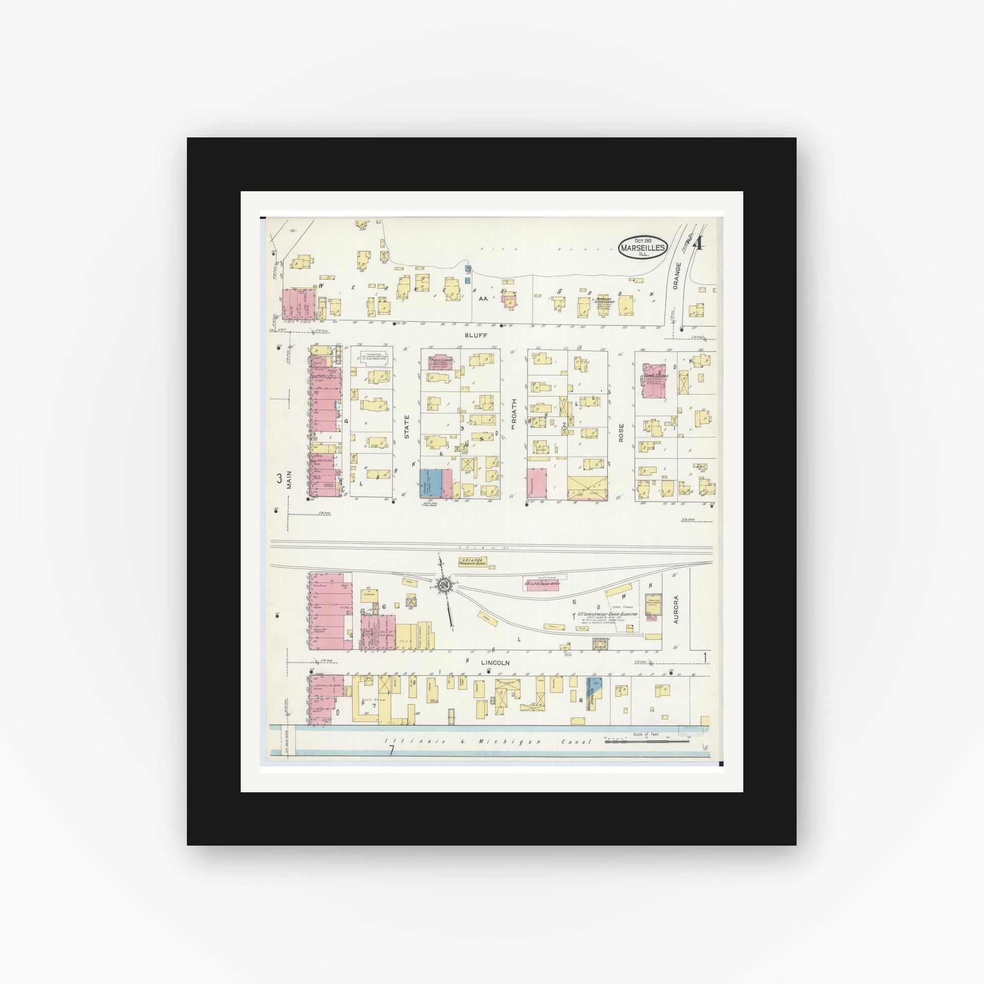 Old map wall art mockup — black gallery frame with white mat — Sanborn Fire Insurance Map from Marseilles, La Salle County, Illinois (1913), Sheet #0004