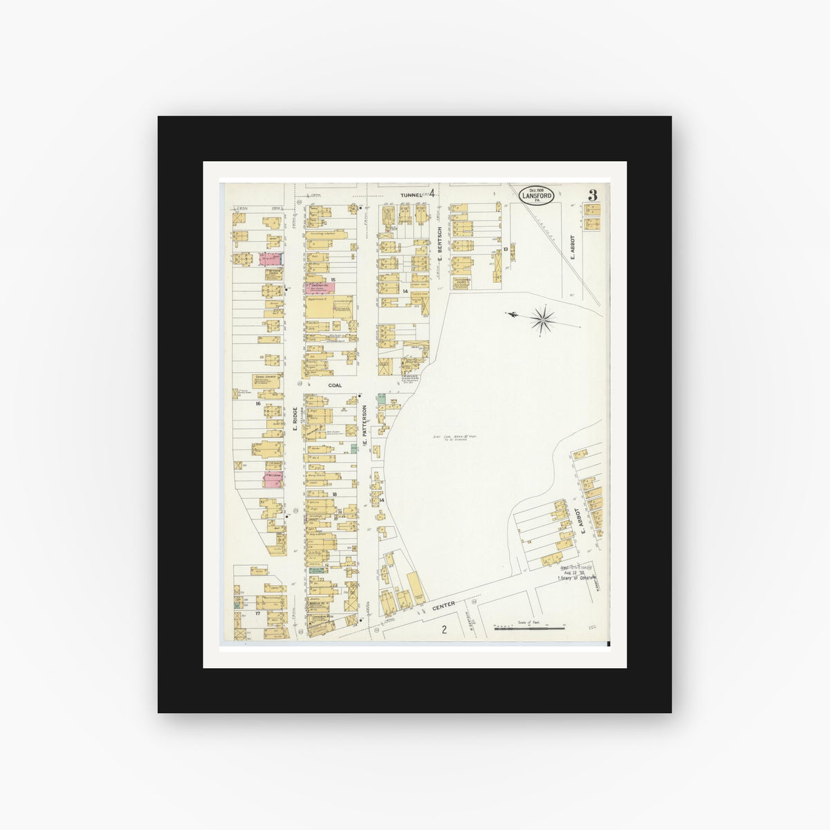 Old map wall art mockup — black gallery frame with white mat — Sanborn Fire Insurance Map from Lansford, Carbon County, Pennsylvania (1908), Sheet #0003