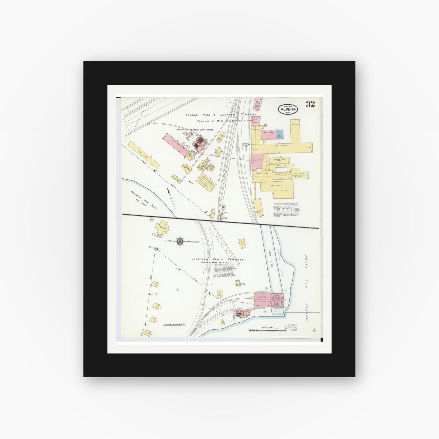 Old map wall art mockup — black gallery frame with white mat — Sanborn Fire Insurance Map from Alpena, Alpena County, Michigan (1910), Sheet #0032