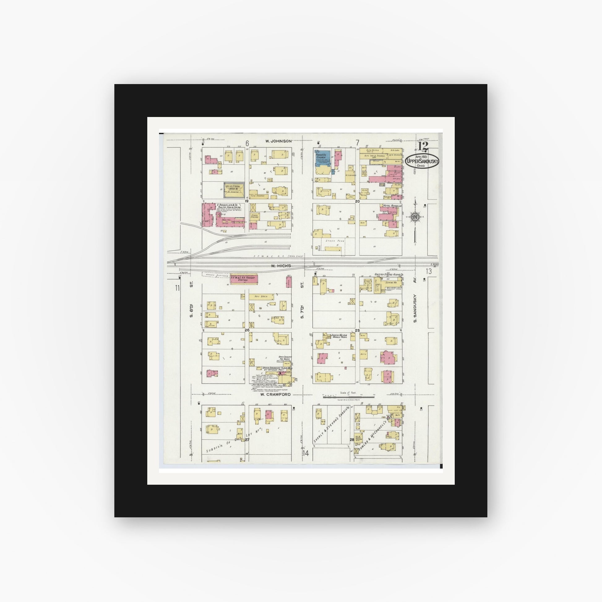 Old map wall art mockup — black gallery frame with white mat — Sanborn Fire Insurance Map from Upper Sandusky, Wyandot County, Ohio (1921), Sheet #0012