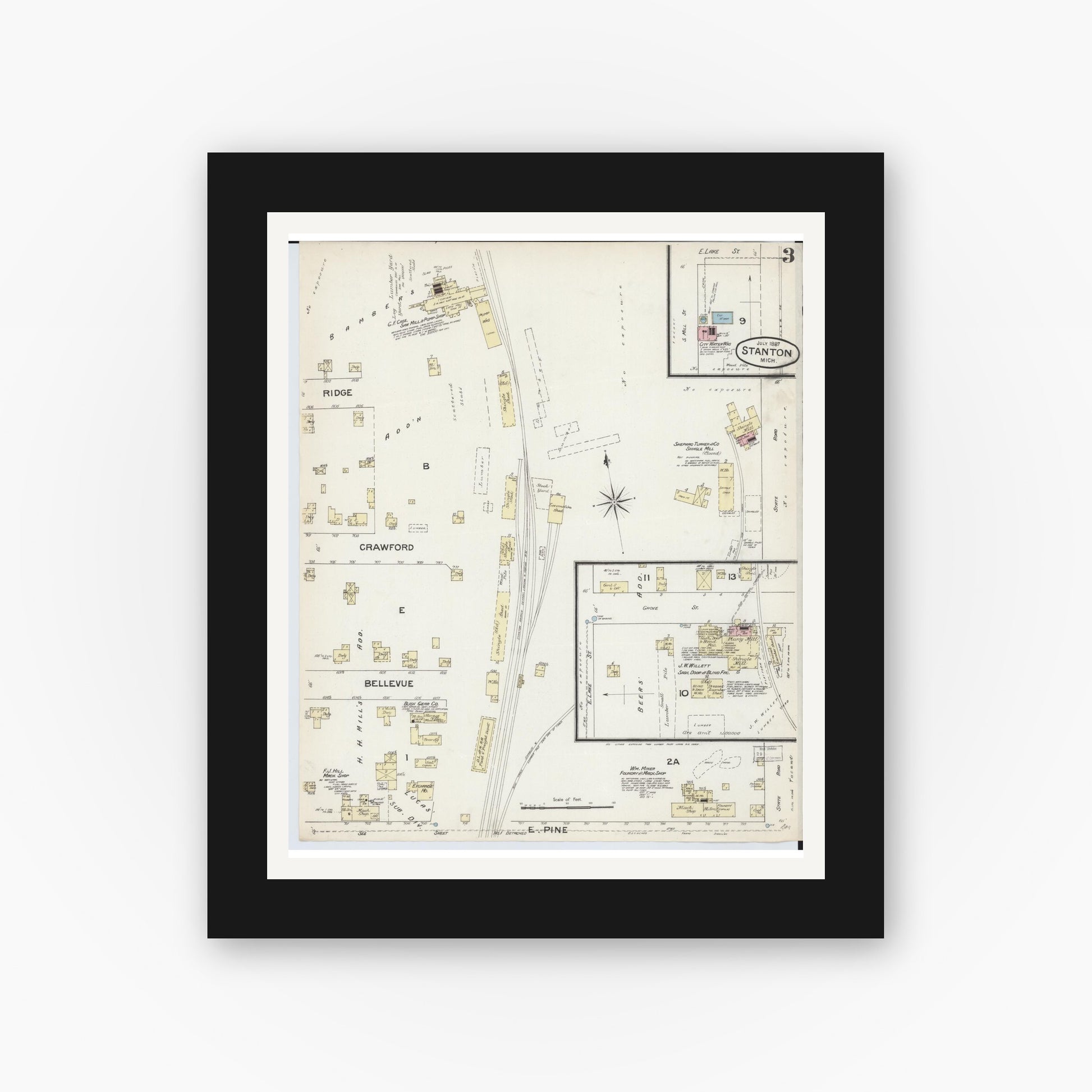 Old map wall art mockup — black gallery frame with white mat — Sanborn Fire Insurance Map from Stanton, Montcalm County, Michigan (1887), Sheet #0003