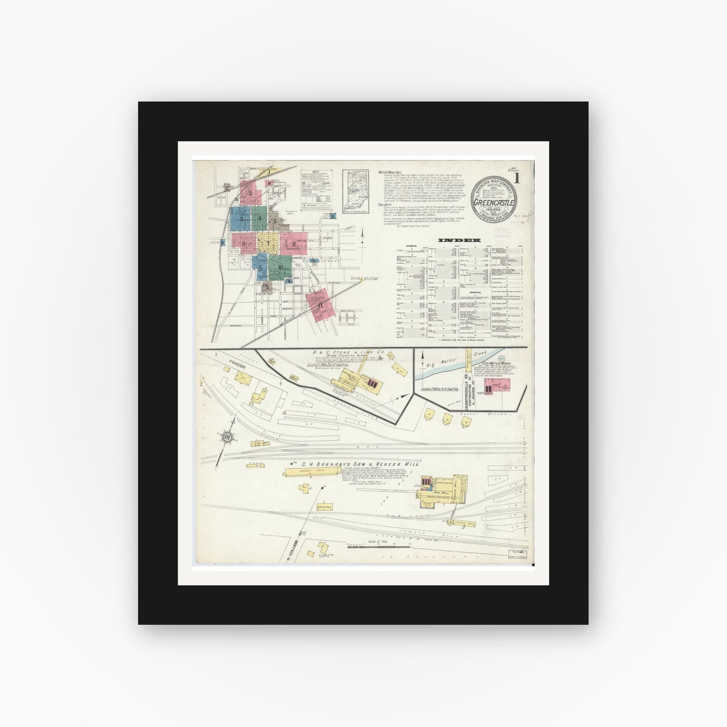 Old map wall art mockup — black gallery frame with white mat — Sanborn Fire Insurance Map from Greencastle, Putnam County, Indiana (1913) - Complete Map Set
