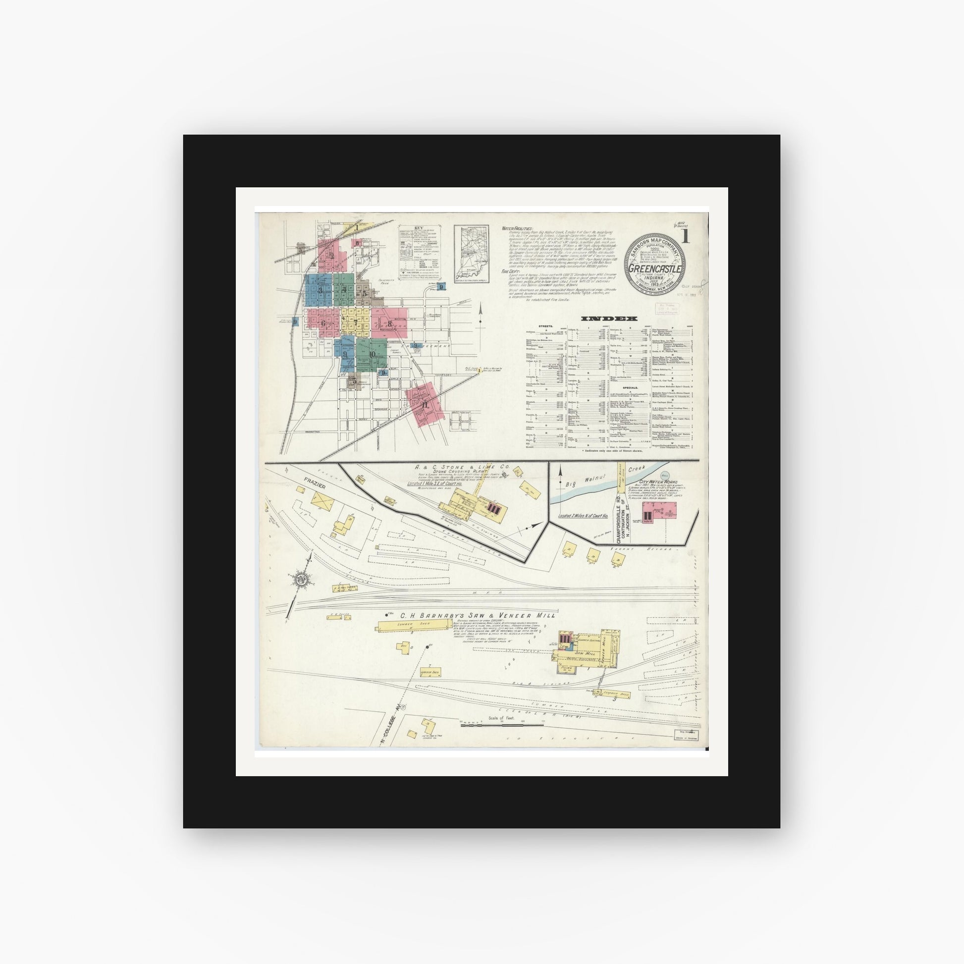 Old map wall art mockup — black gallery frame with white mat — Sanborn Fire Insurance Map from Greencastle, Putnam County, Indiana (1913) - Complete Map Set