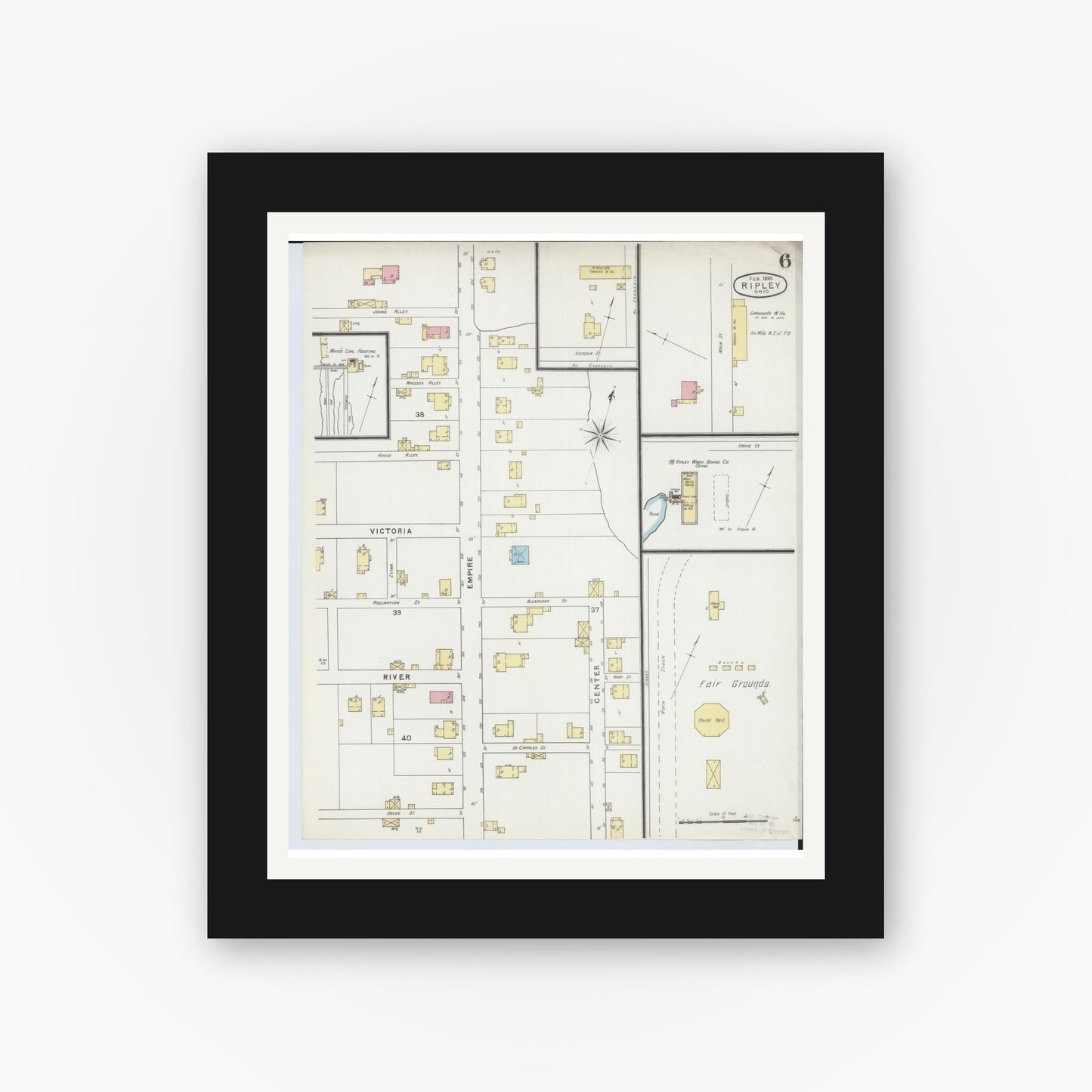 Old map wall art mockup — black gallery frame with white mat — Sanborn Fire Insurance Map from Ripley, Brown County, Ohio (1895), Sheet #0006