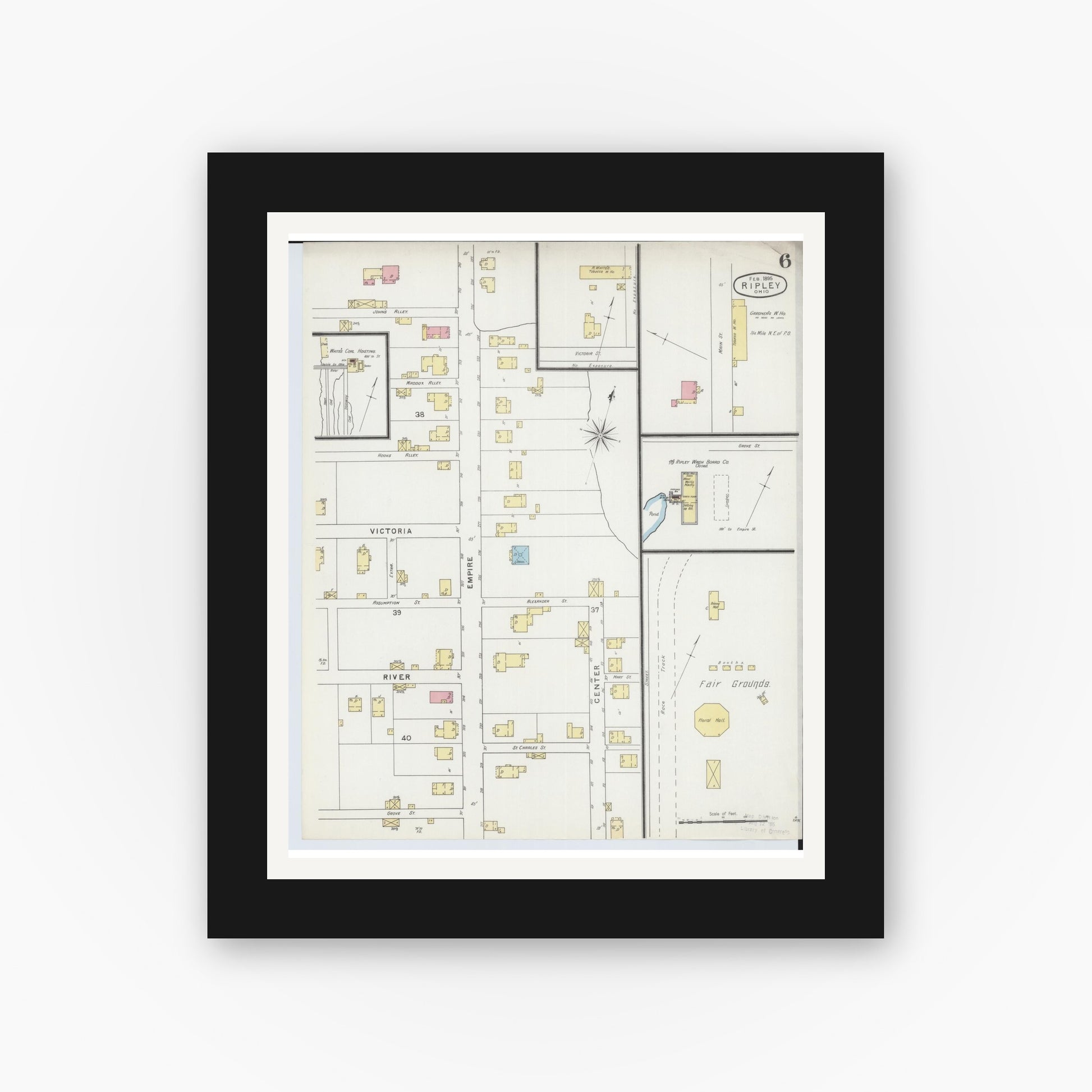 Old map wall art mockup — black gallery frame with white mat — Sanborn Fire Insurance Map from Ripley, Brown County, Ohio (1895), Sheet #0006