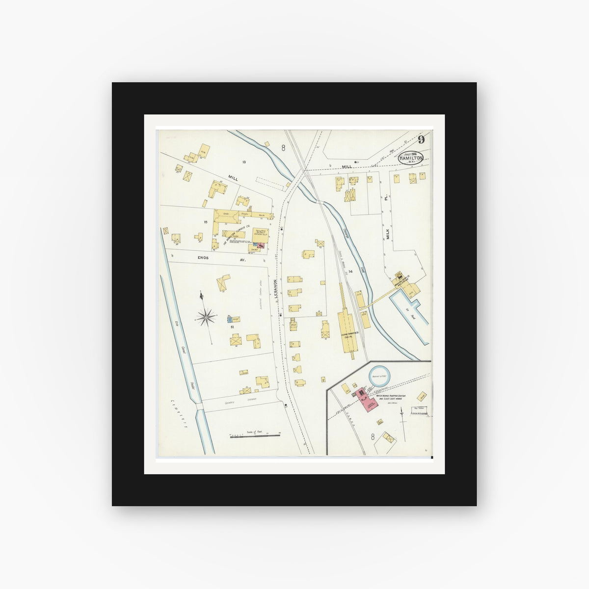 Old map wall art mockup — black gallery frame with white mat — Sanborn Fire Insurance Map from Hamilton, Madison County, New York (1906), Sheet #0009